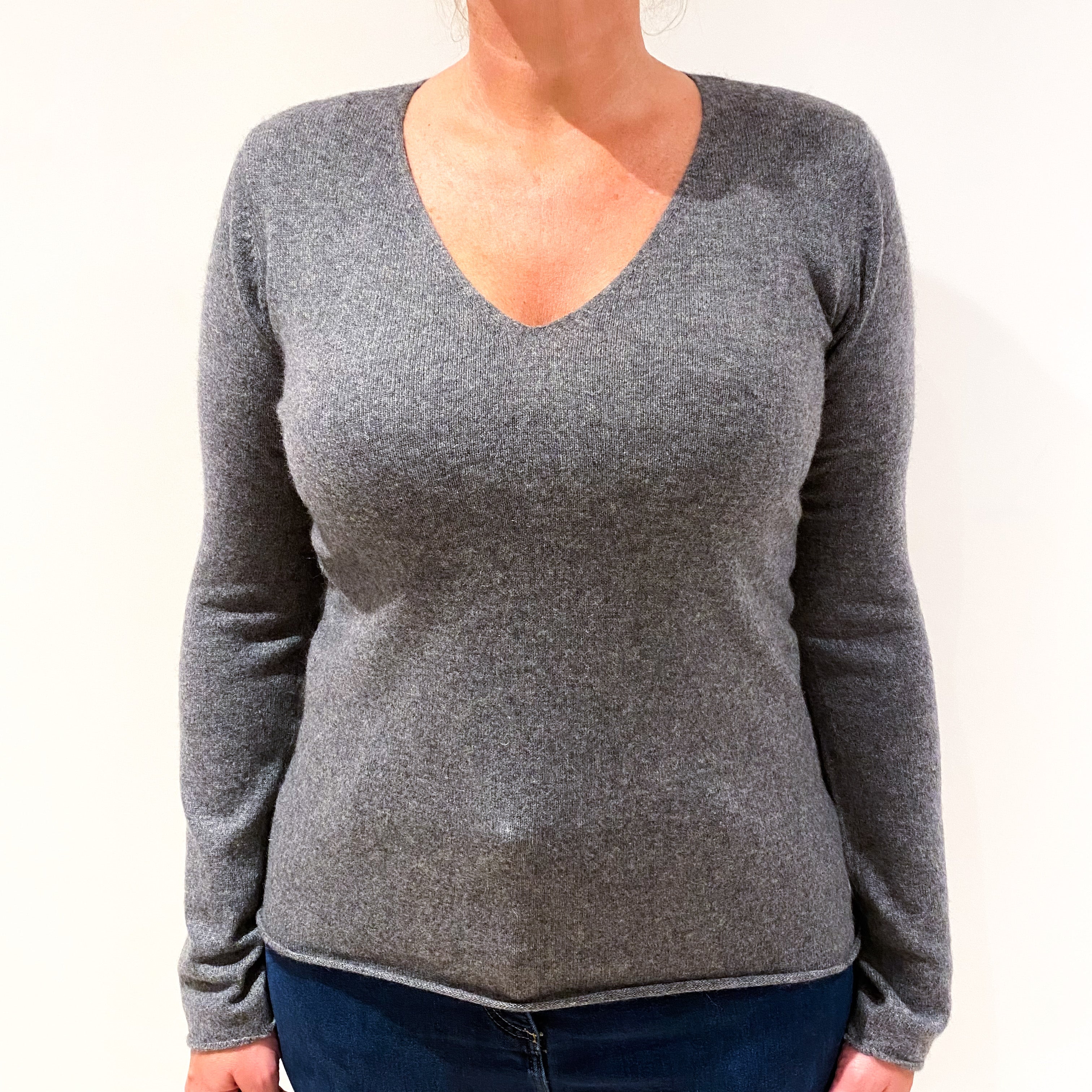 Smoke Grey Cashmere V-Neck Jumper Large