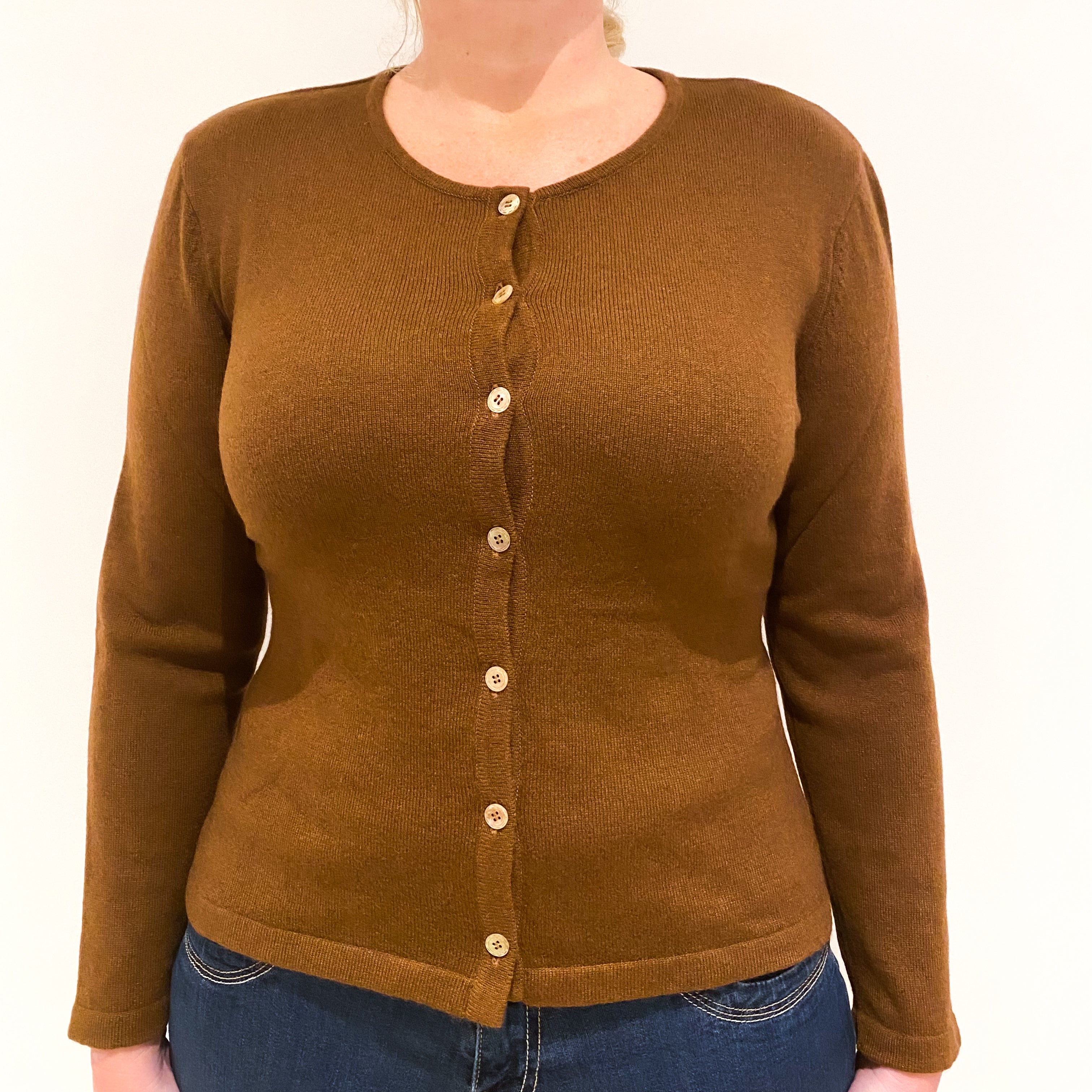 Tan Brown Cashmere Crew Neck Cardigan Large