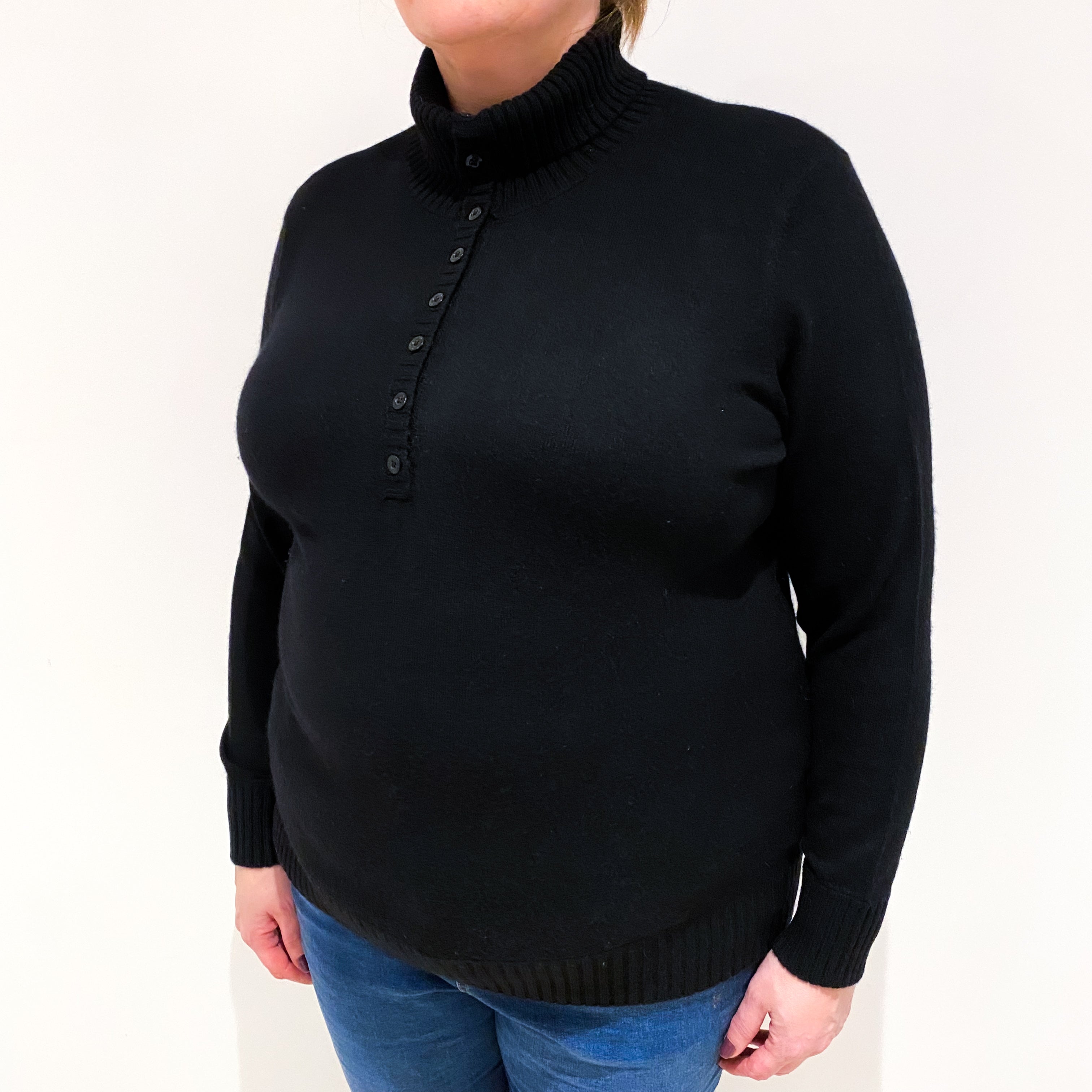 Black Cashmere Buttoned Polo Neck Jumper Extra Large