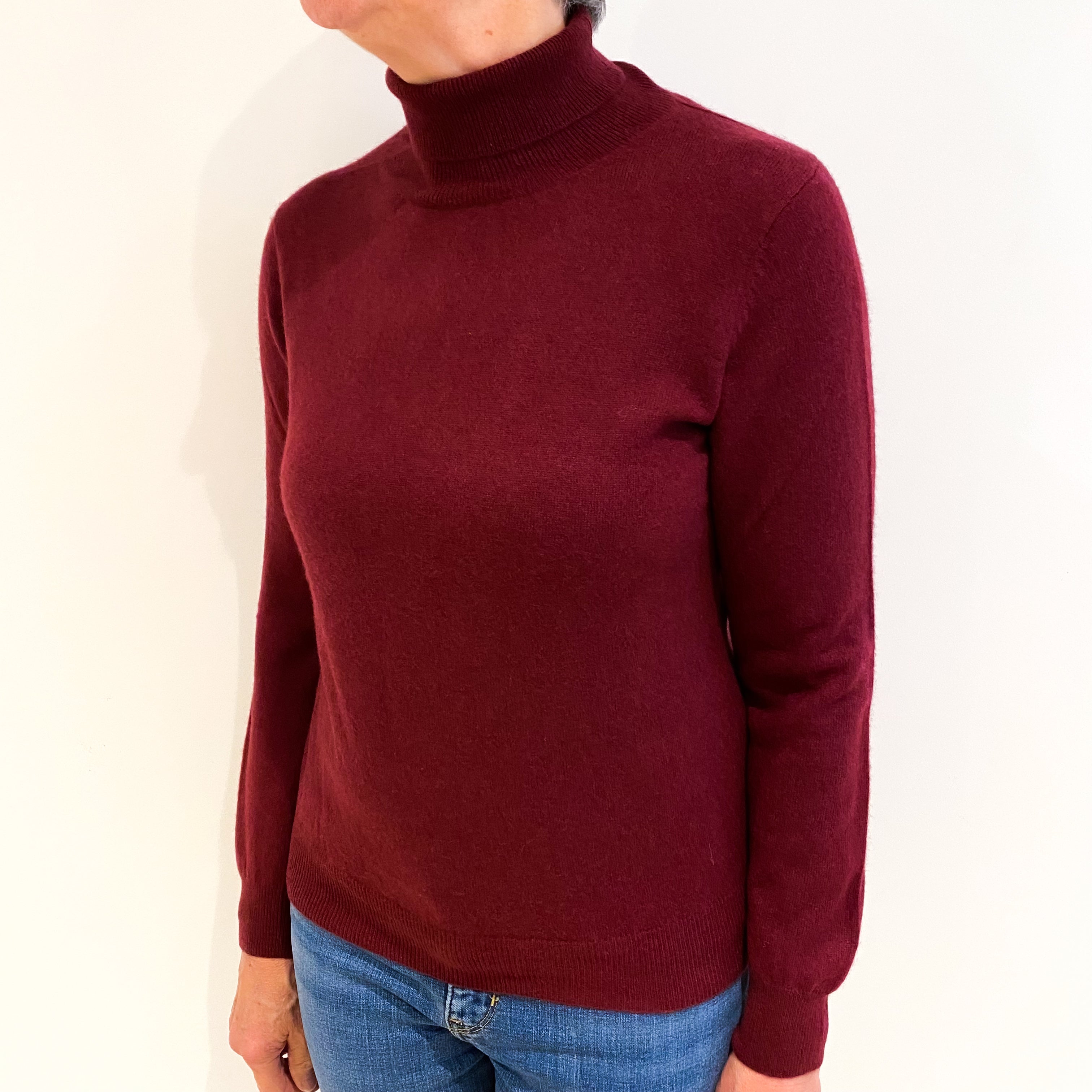 Burgundy Red Cashmere Polo Neck Jumper Medium