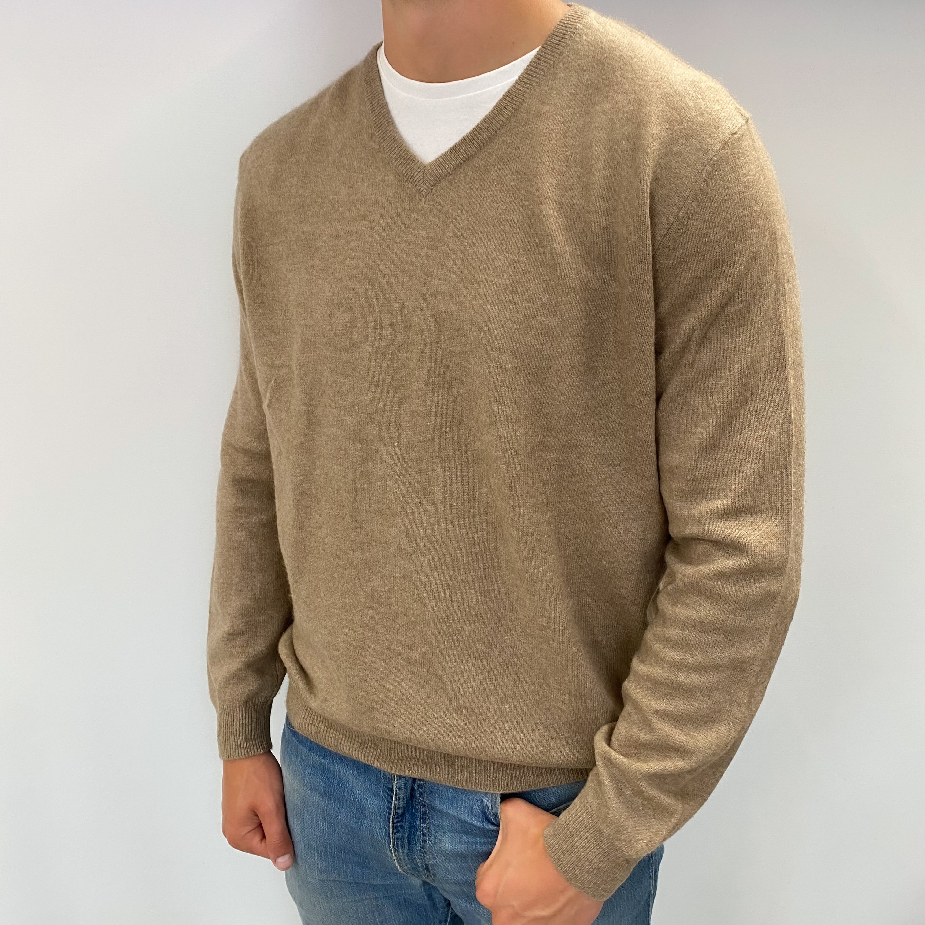 Men's Biscuit Beige Cashmere V Neck Jumper XL