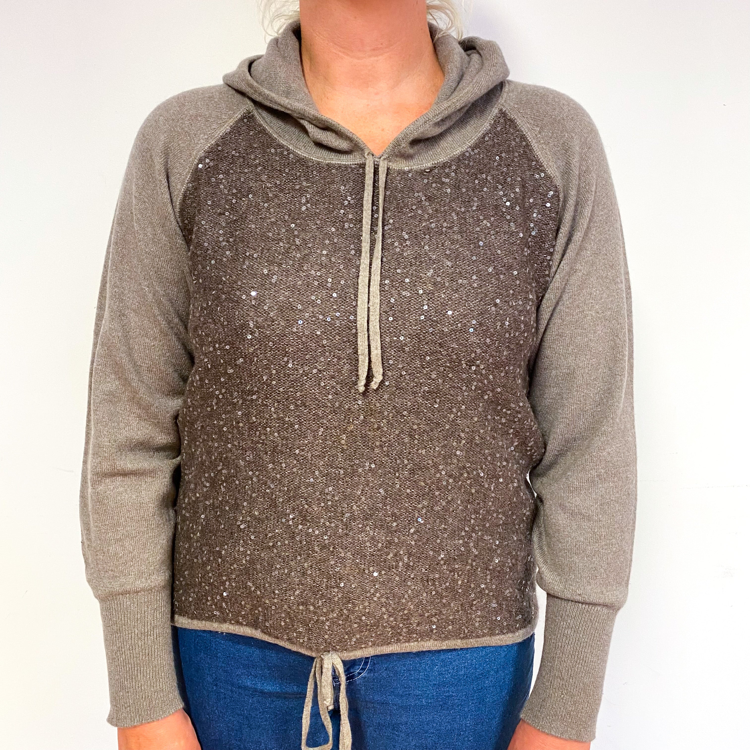 Mocha Brown Sequinned Cashmere Hoodie Jumper Large