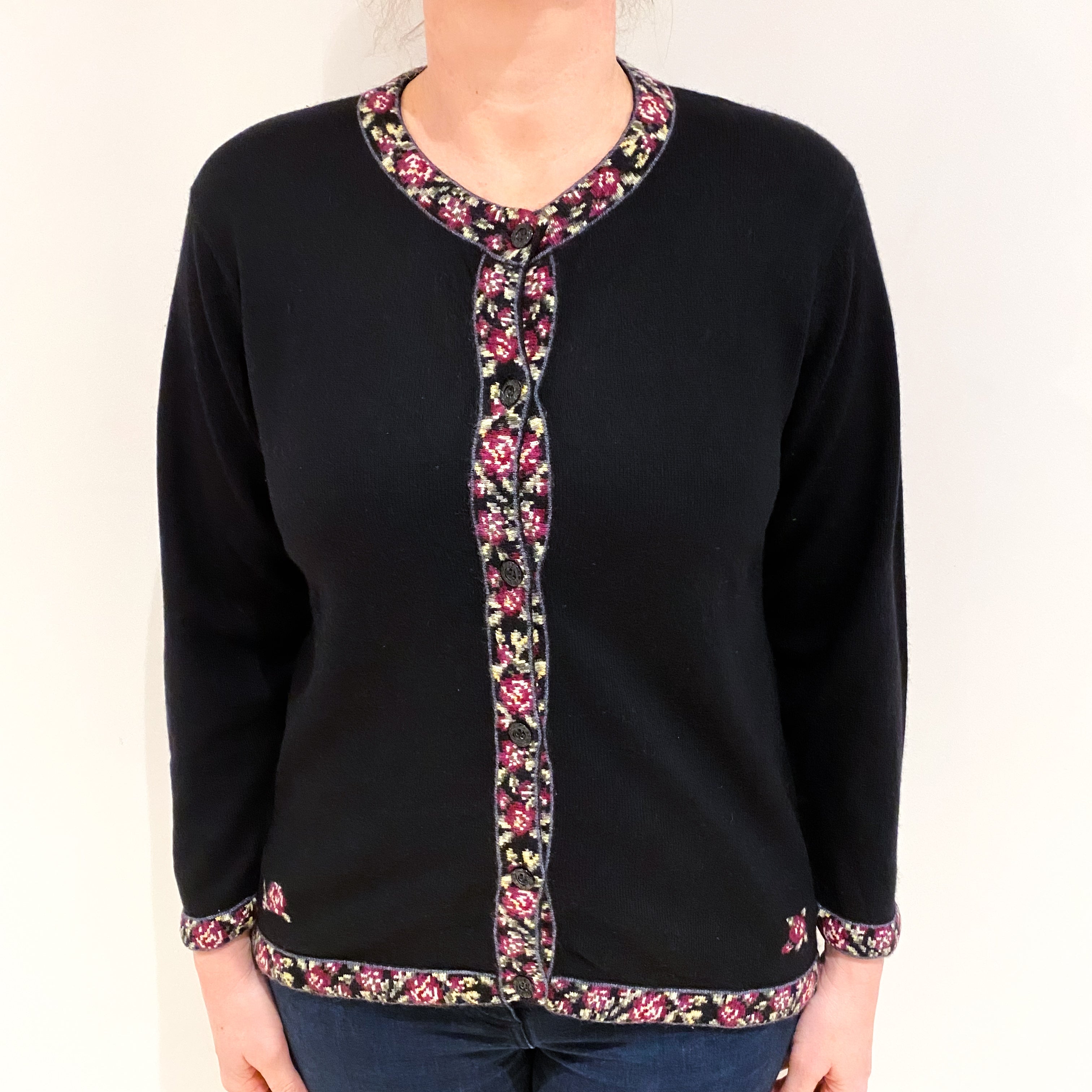 Black With Floral Trim Cashmere Crew Neck Cardigan Large