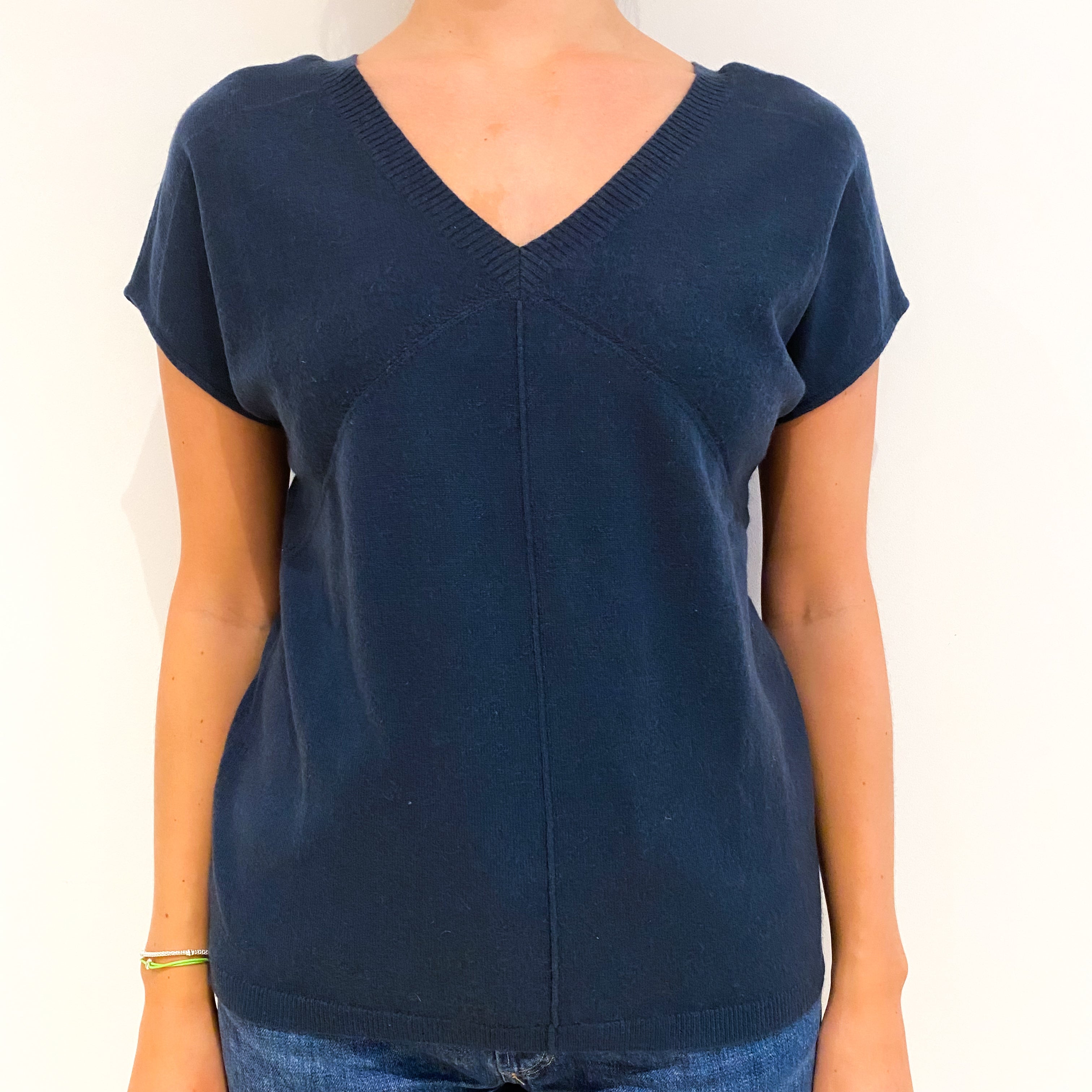 Naval Blue Short Sleeved Batwing Cashmere V-Neck Jumper Medium
