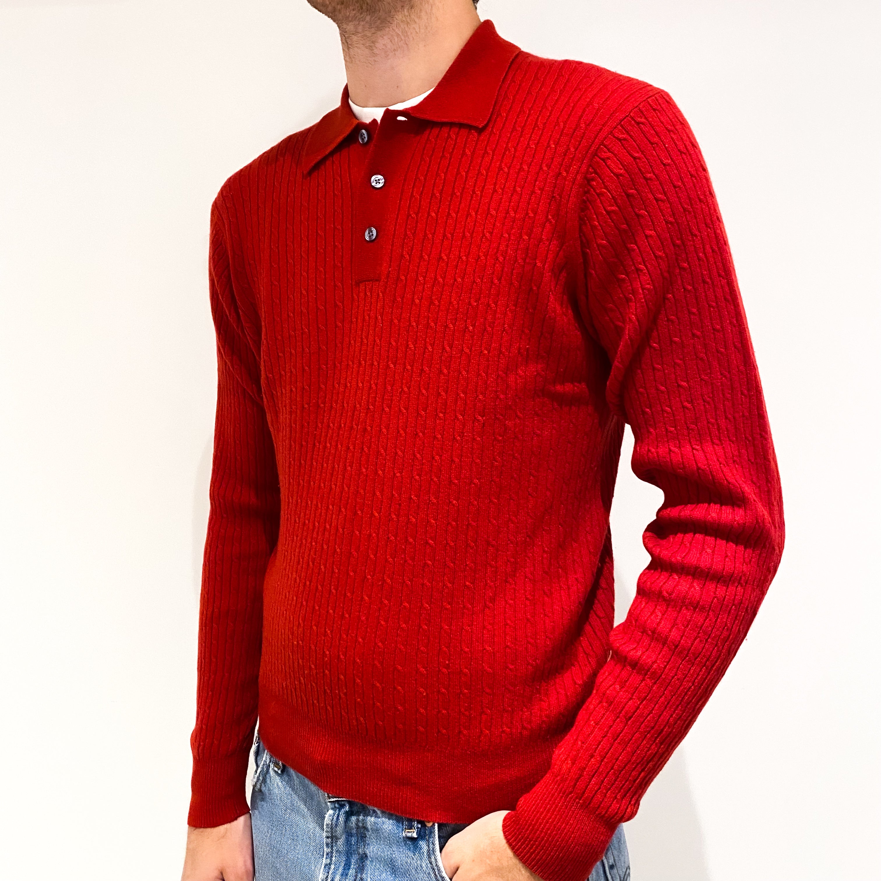 Men's Red Cable Cashmere 1/4 Button Jumper Medium