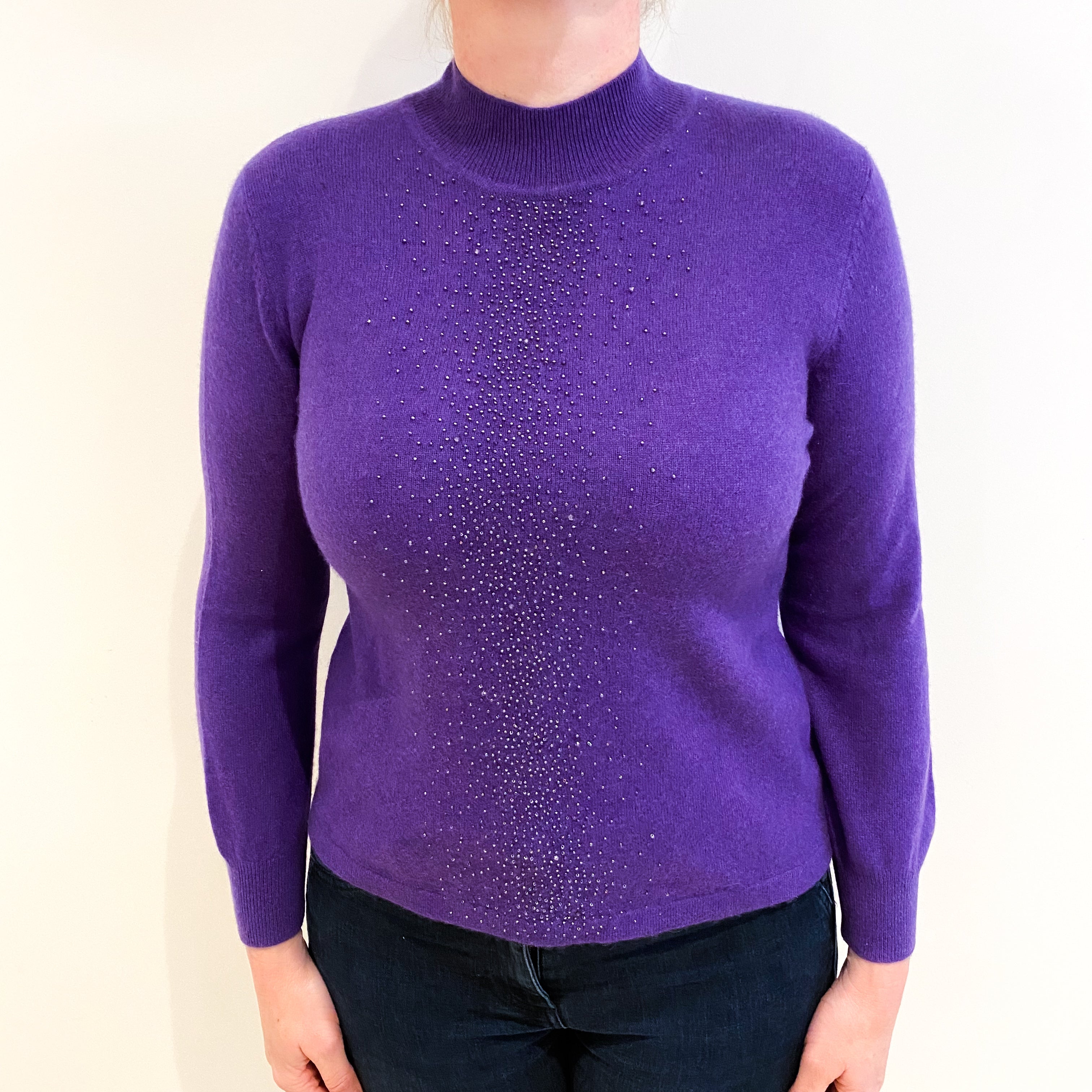 Pansy Purple Beaded Cashmere Polo Neck Jumper Large