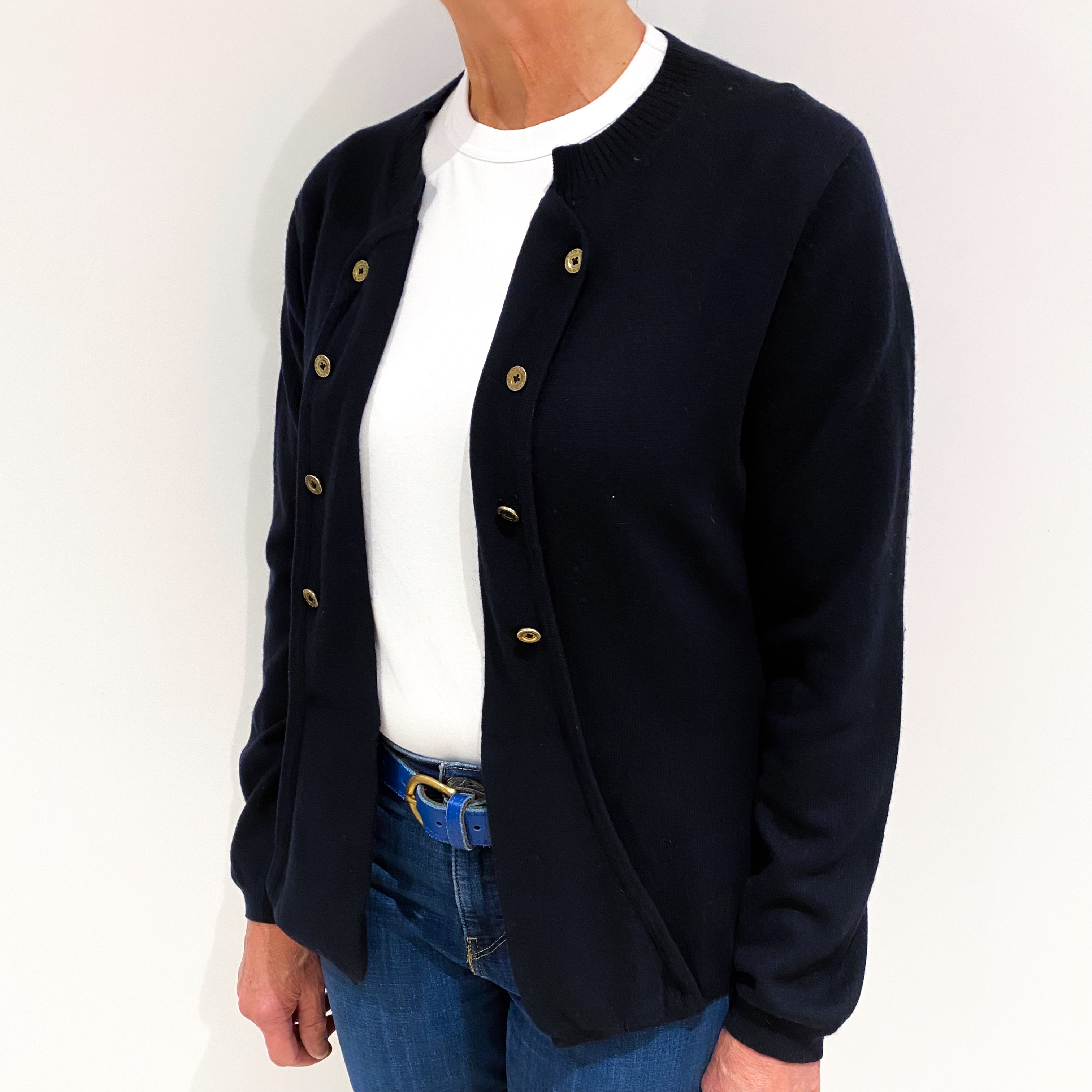 Dark Navy Cashmere Buttoned Edge to Edge Cardigan Medium