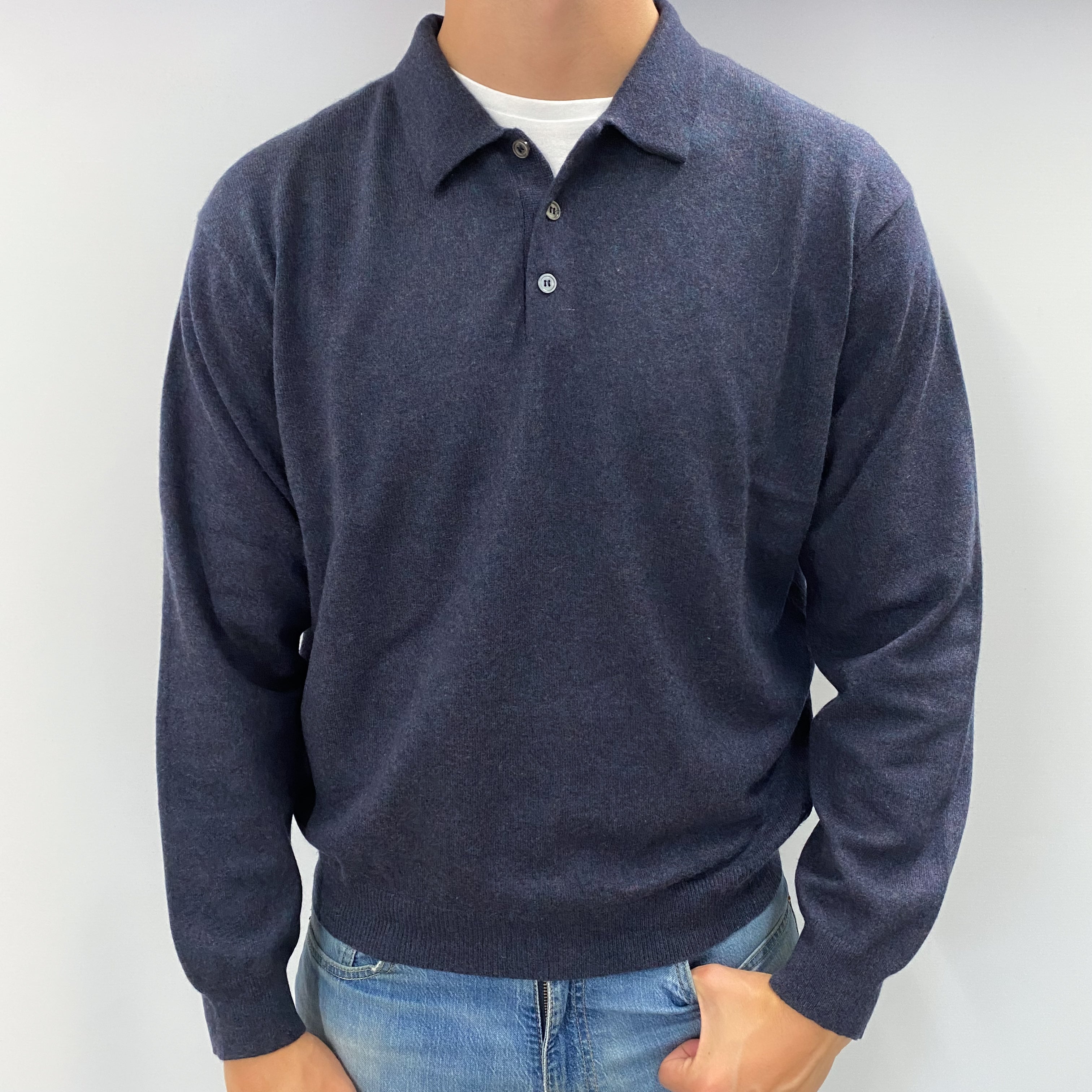Men's Black Blue Marl Cashmere Collared 1/4 Button V Neck Jumper XL