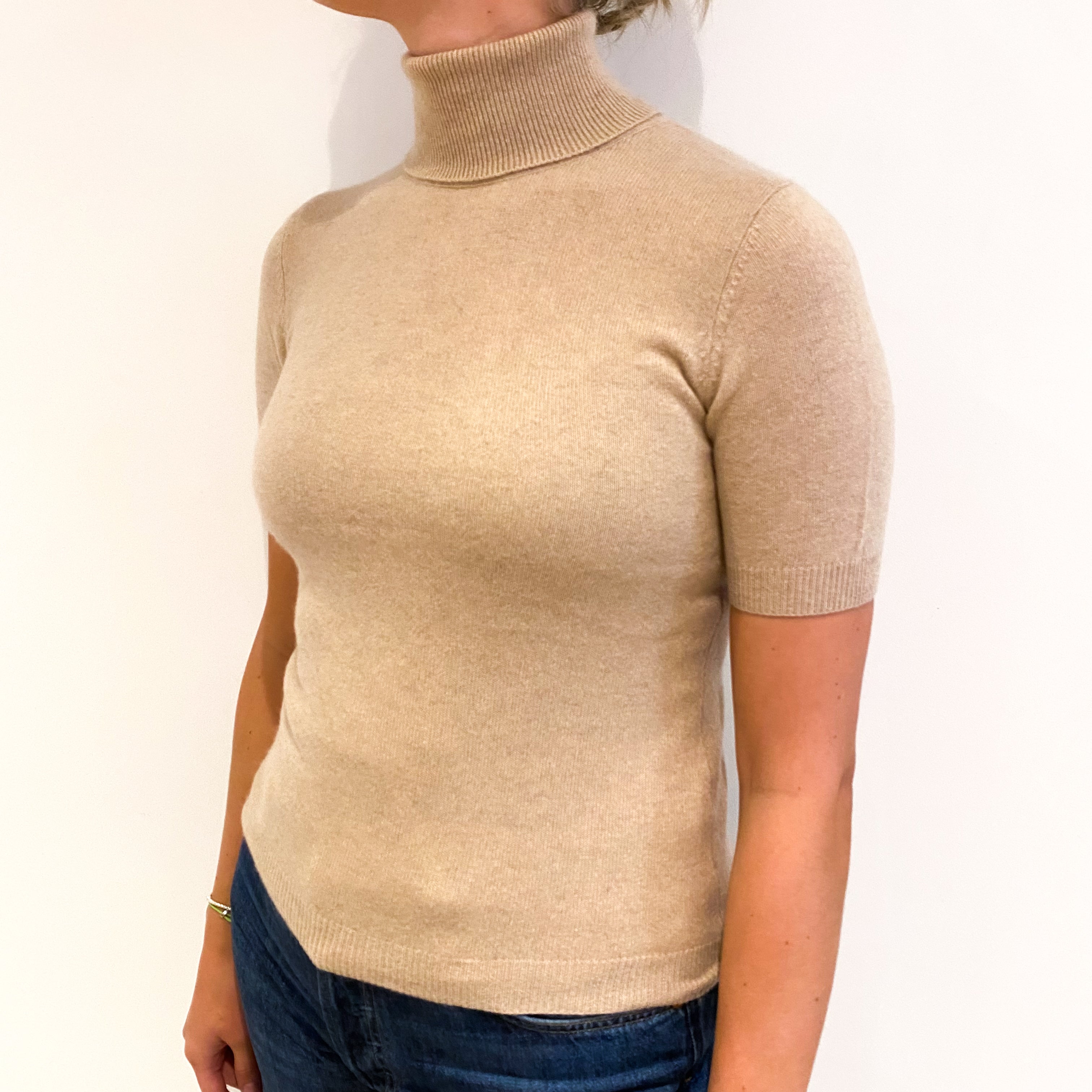 Buff Beige Cashmere Short Sleeved Polo Neck Jumper Small