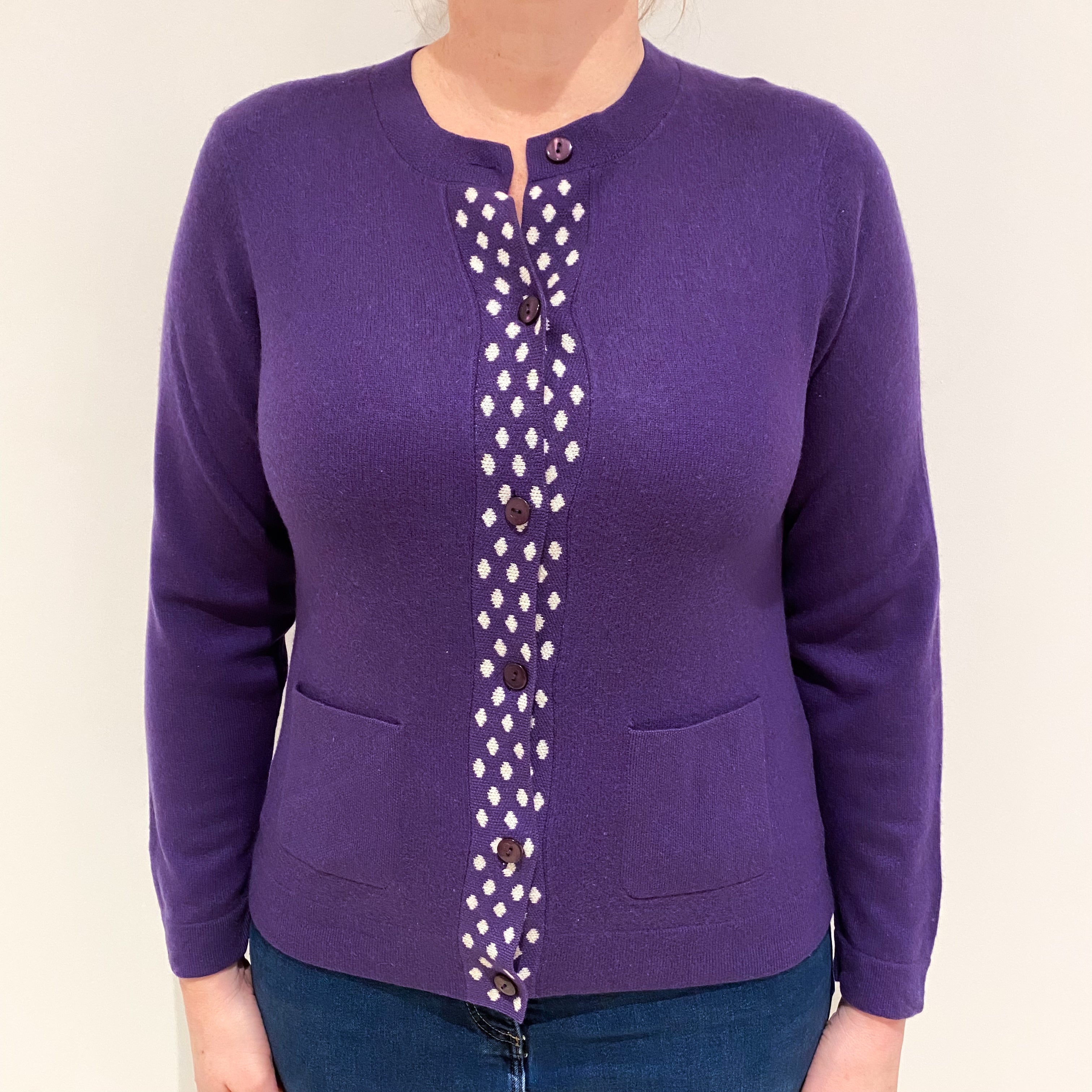 Grape Purple White Spot Cashmere Cardigan with Pockets Large