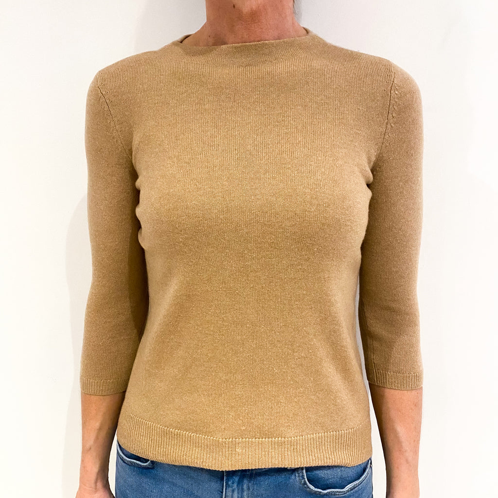 Caramel Brown Cashmere 3/4 Sleeve High Crew Neck Jumper Small