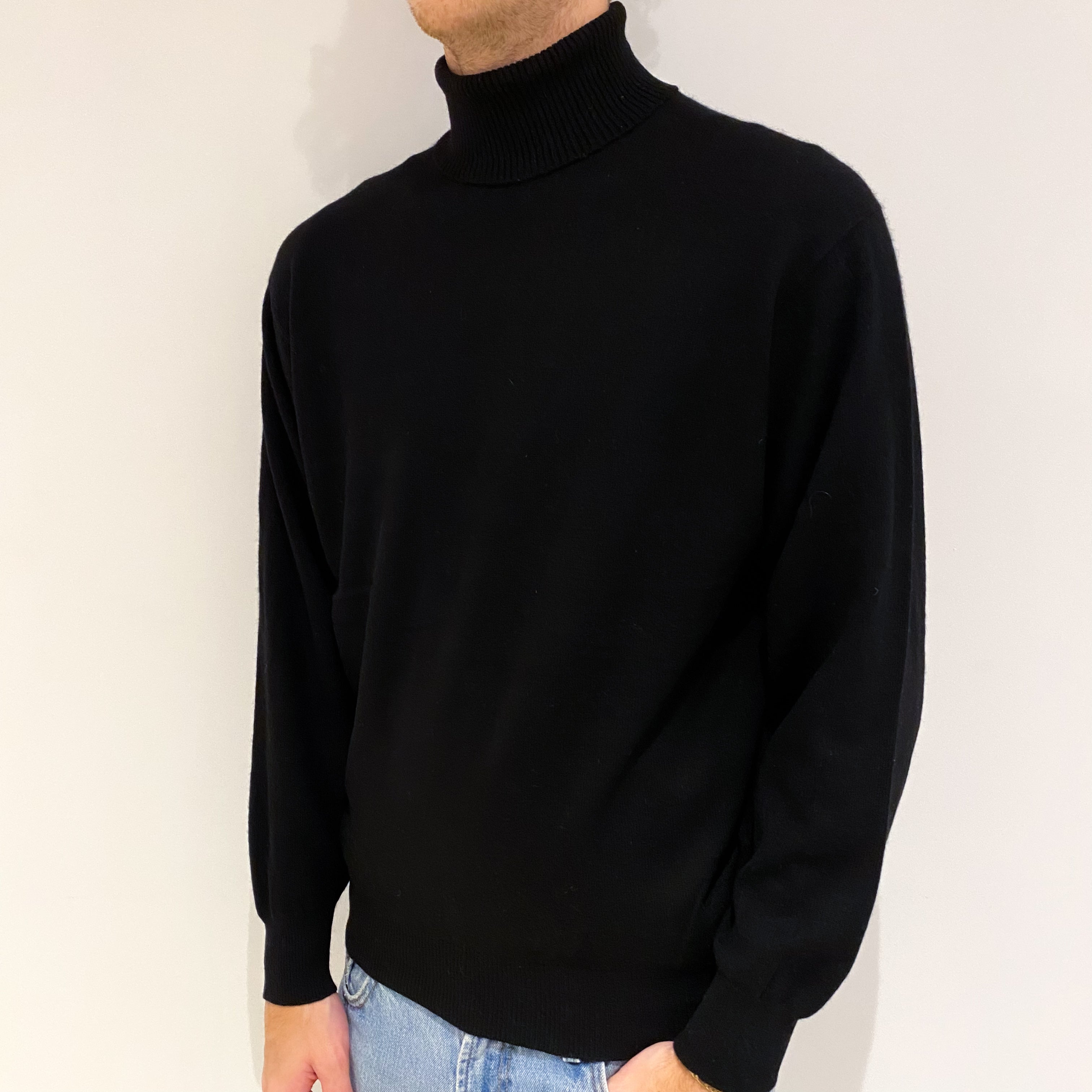 Men's Black Cashmere Polo Neck Jumper Large