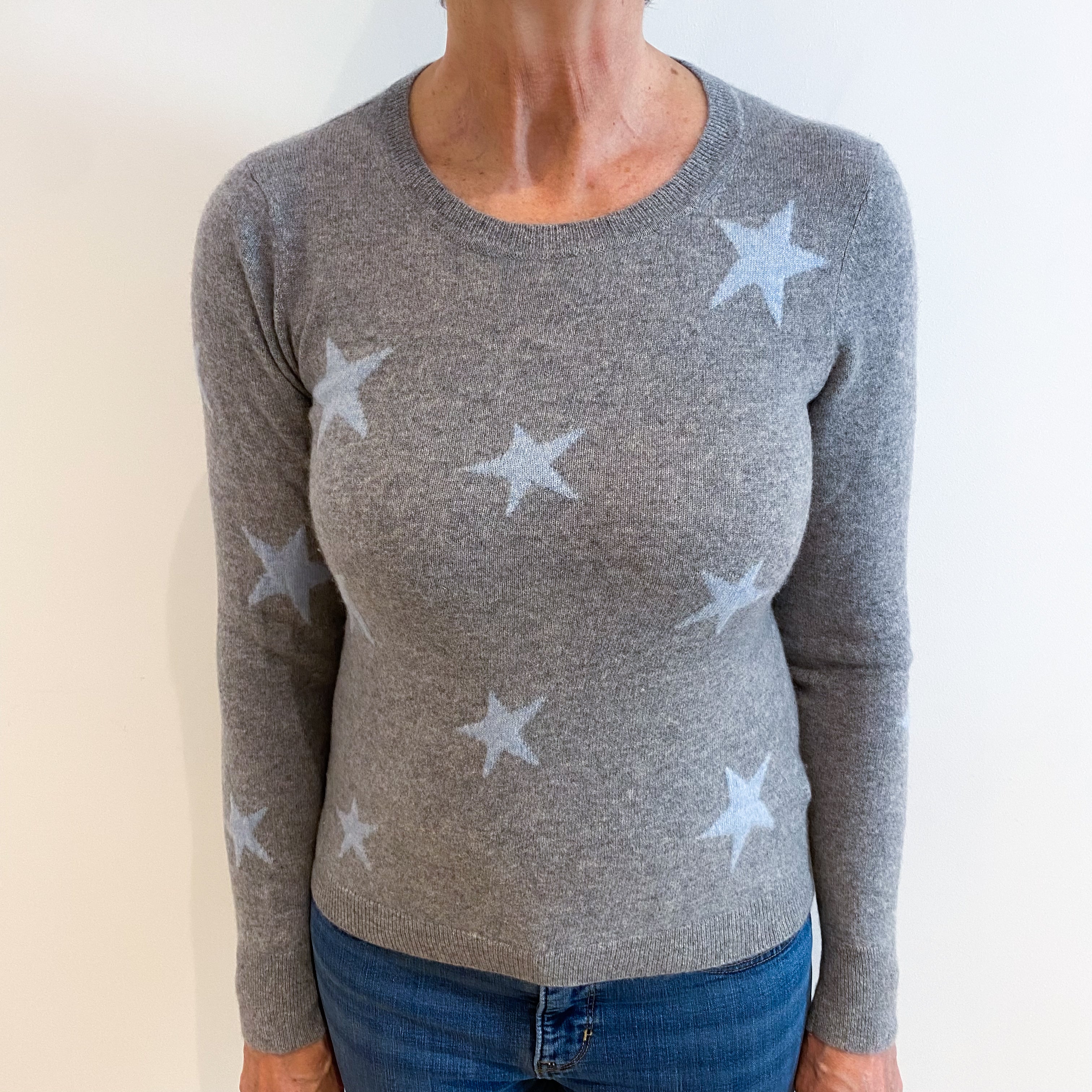 Ash Grey Blue Star Cashmere Crew Neck Jumper Medium