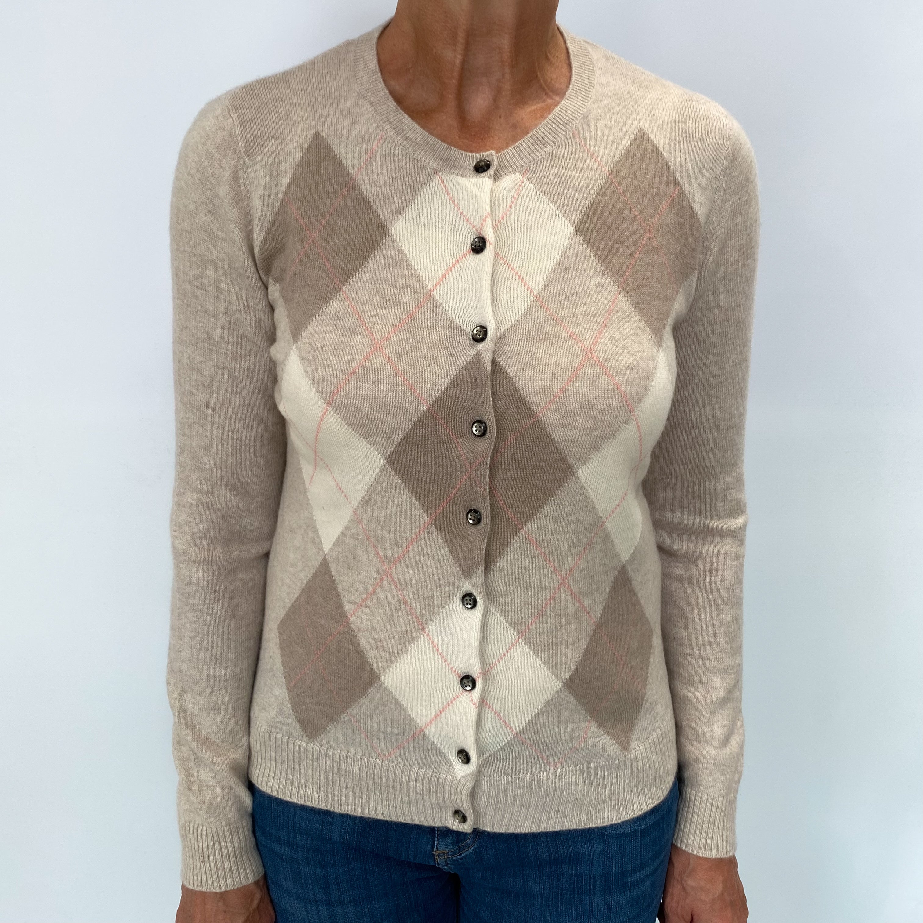 Oatmeal Beige Argyle Cashmere Cardigan Medium