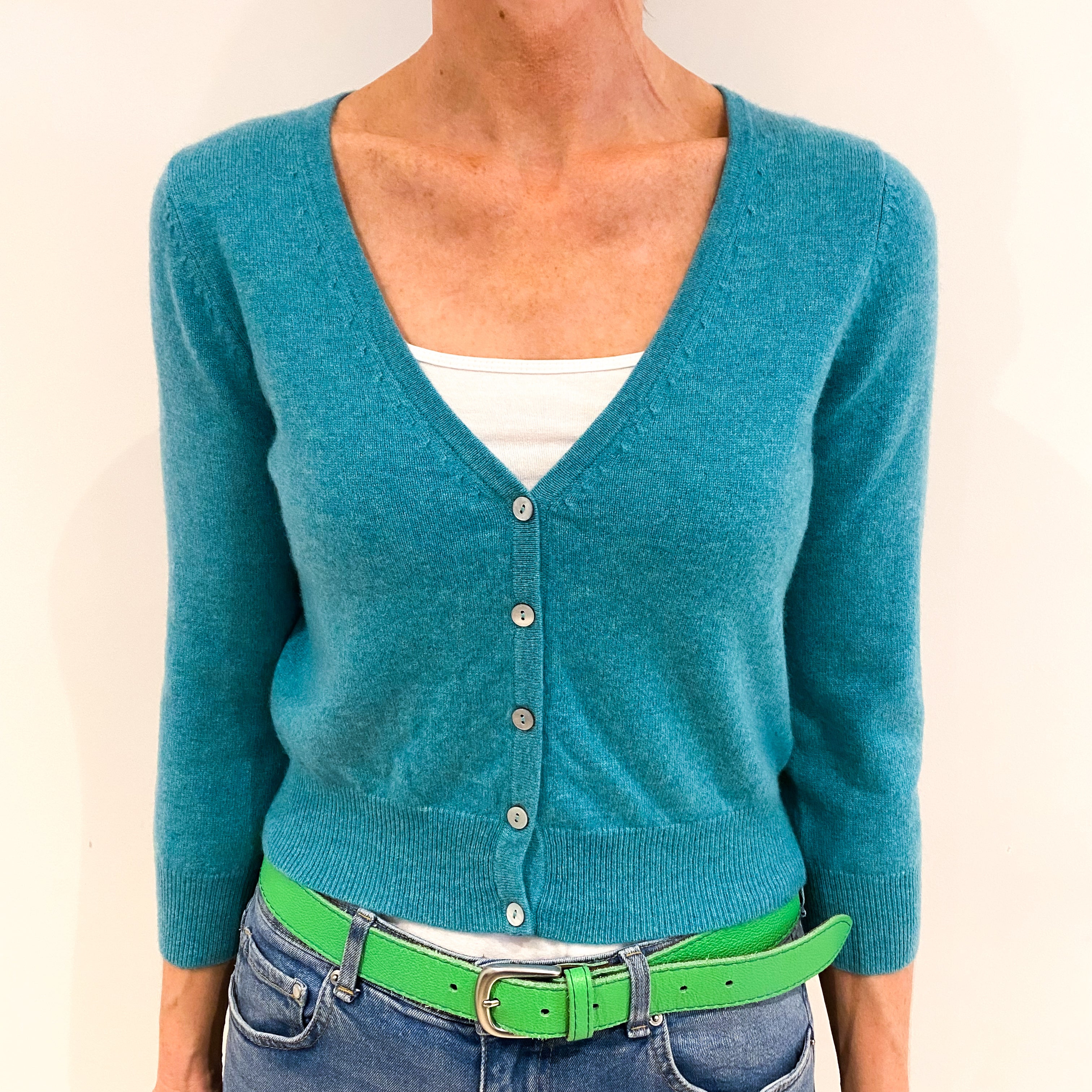 Sea Green Cashmere Cropped V Neck Cardigan Small