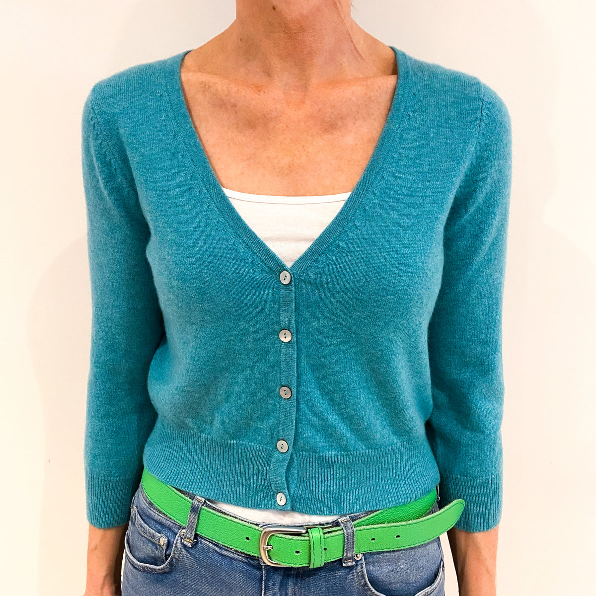 Sea Green Cashmere Cropped V Neck Cardigan Small