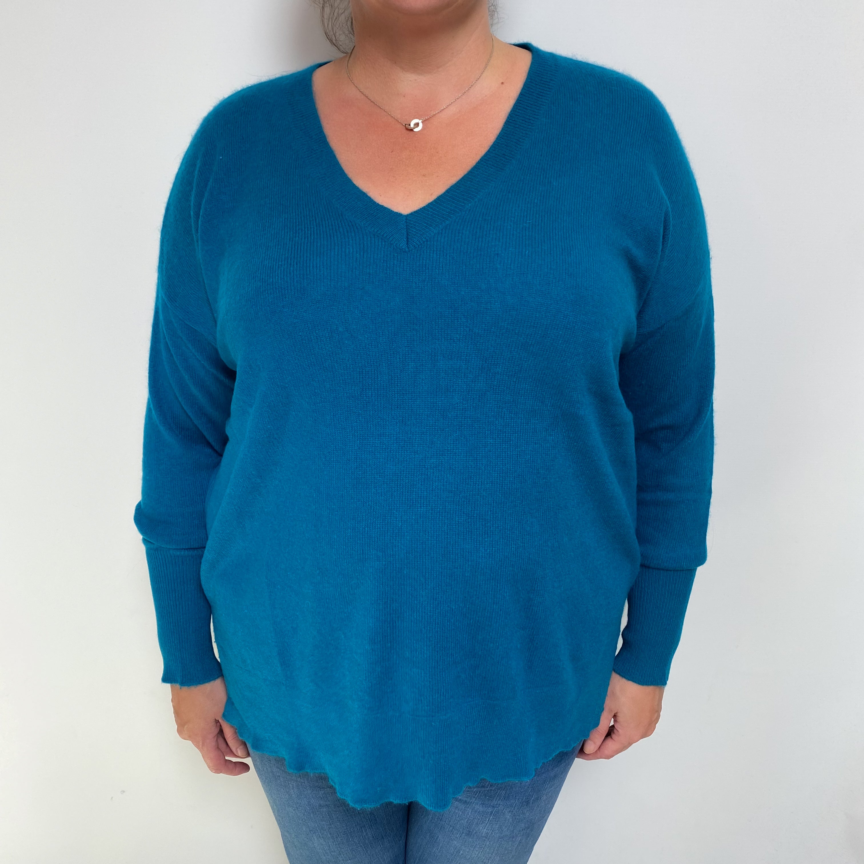 Teal Blue Cashmere V Neck Jumper Extra Large