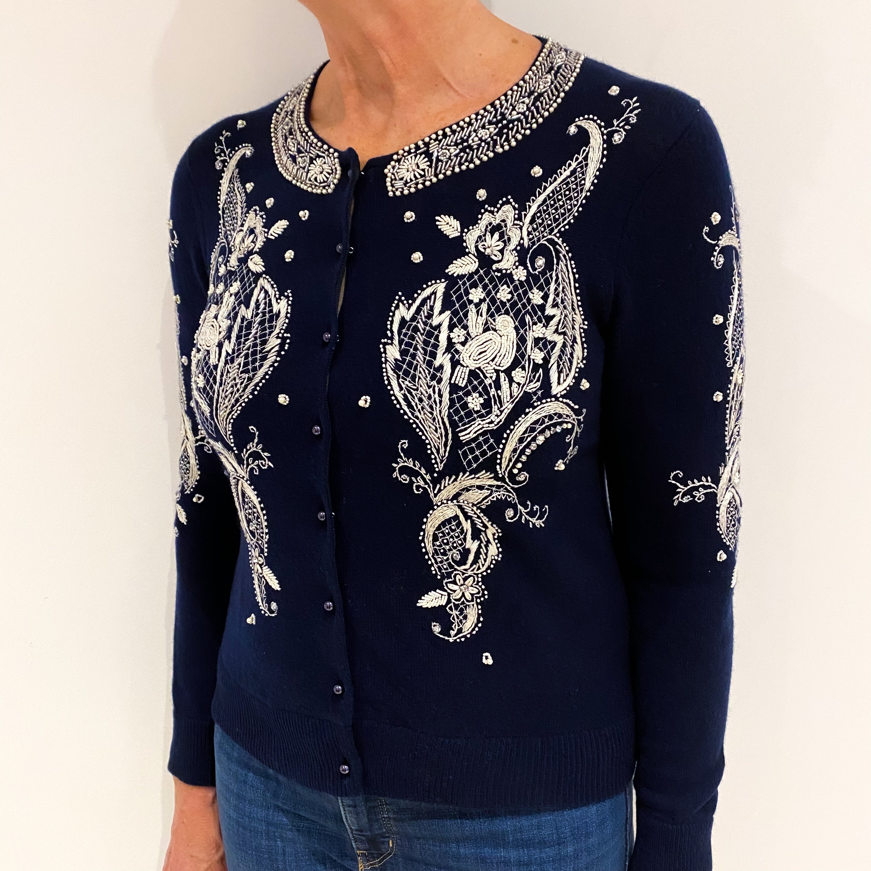 Navy Cashmere Crew Neck Cardigan Medium