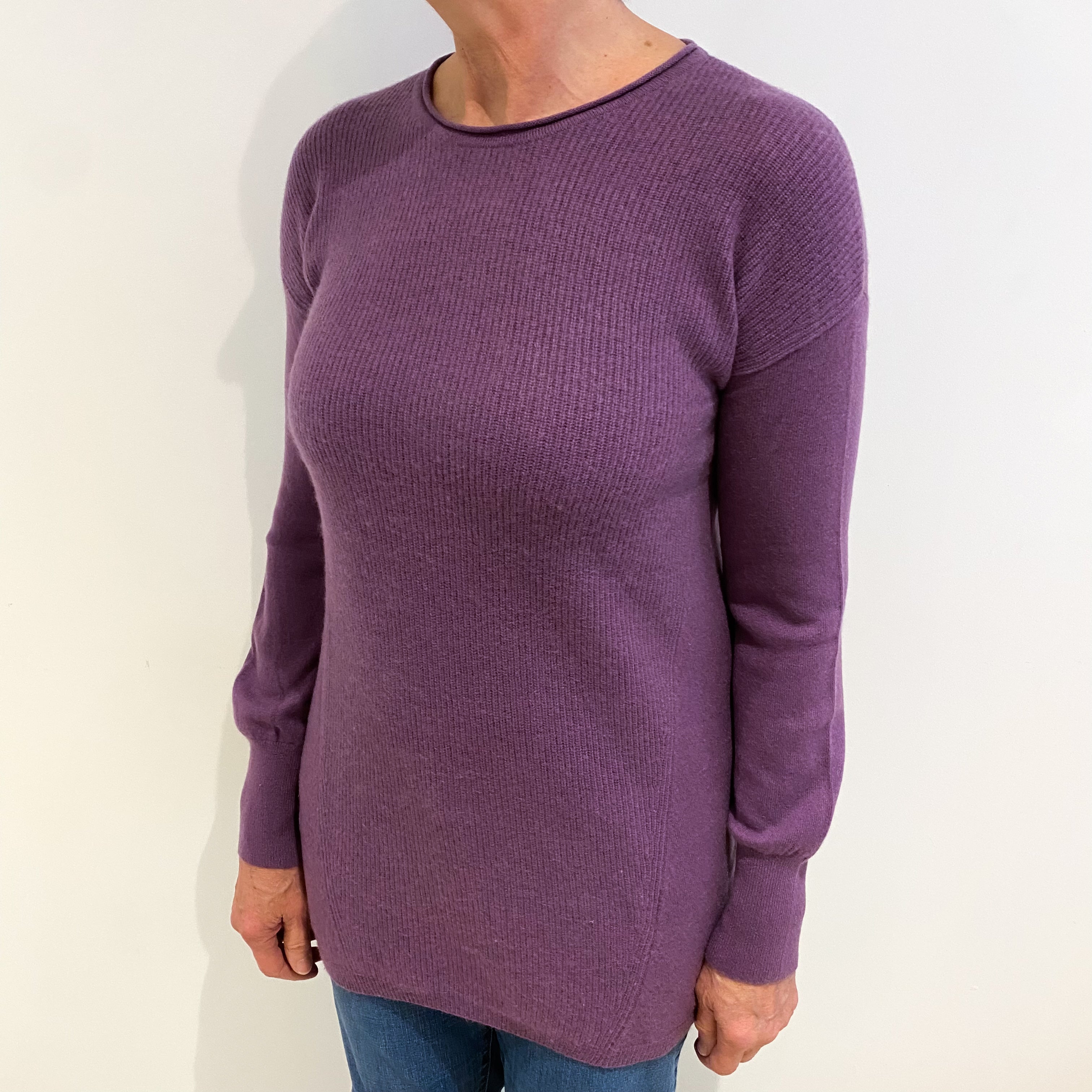 Wisteria Purple Cashmere Crew Neck Ribbed Knit Jumper Medium