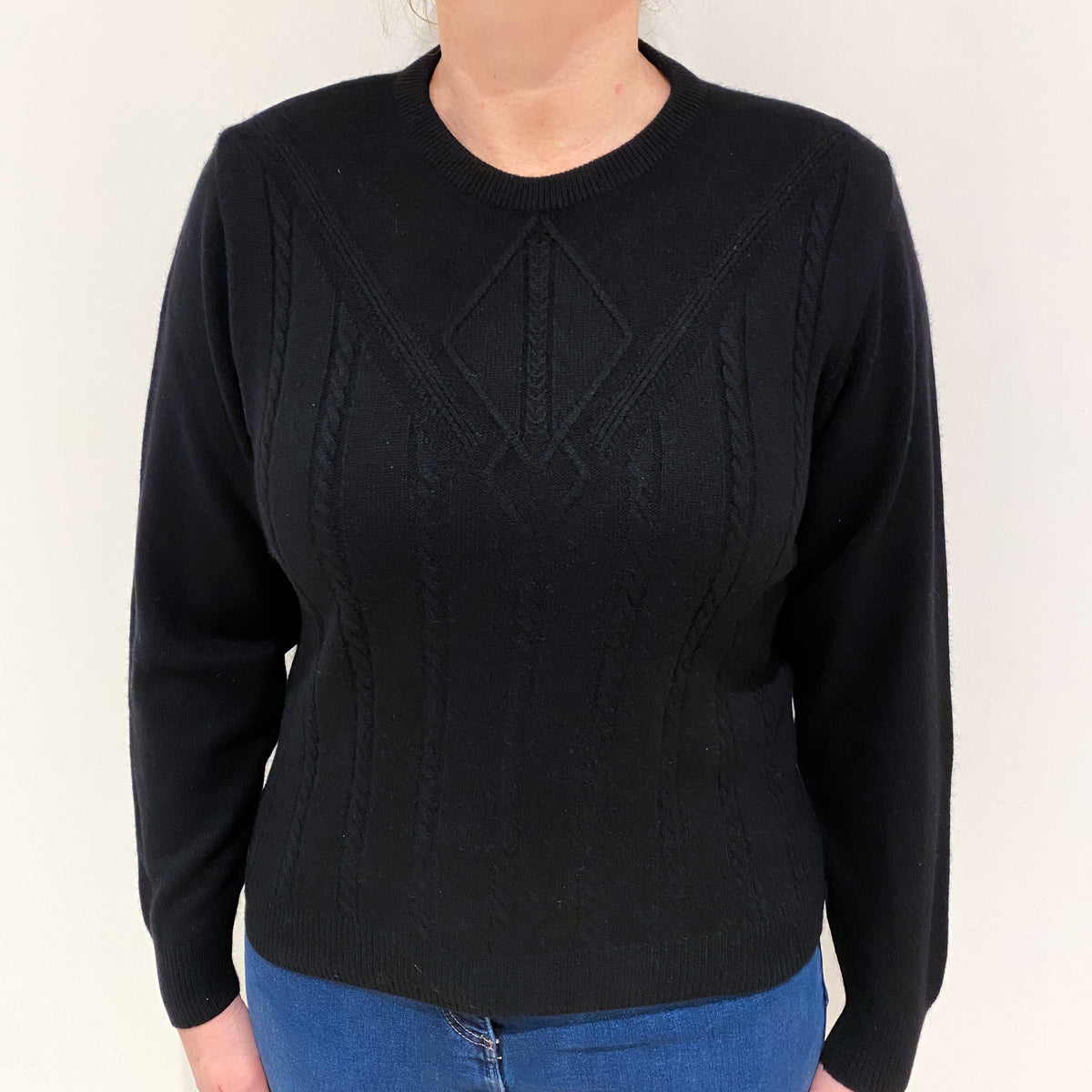 Black Cable Front Cashmere Crew Neck Jumper Large
