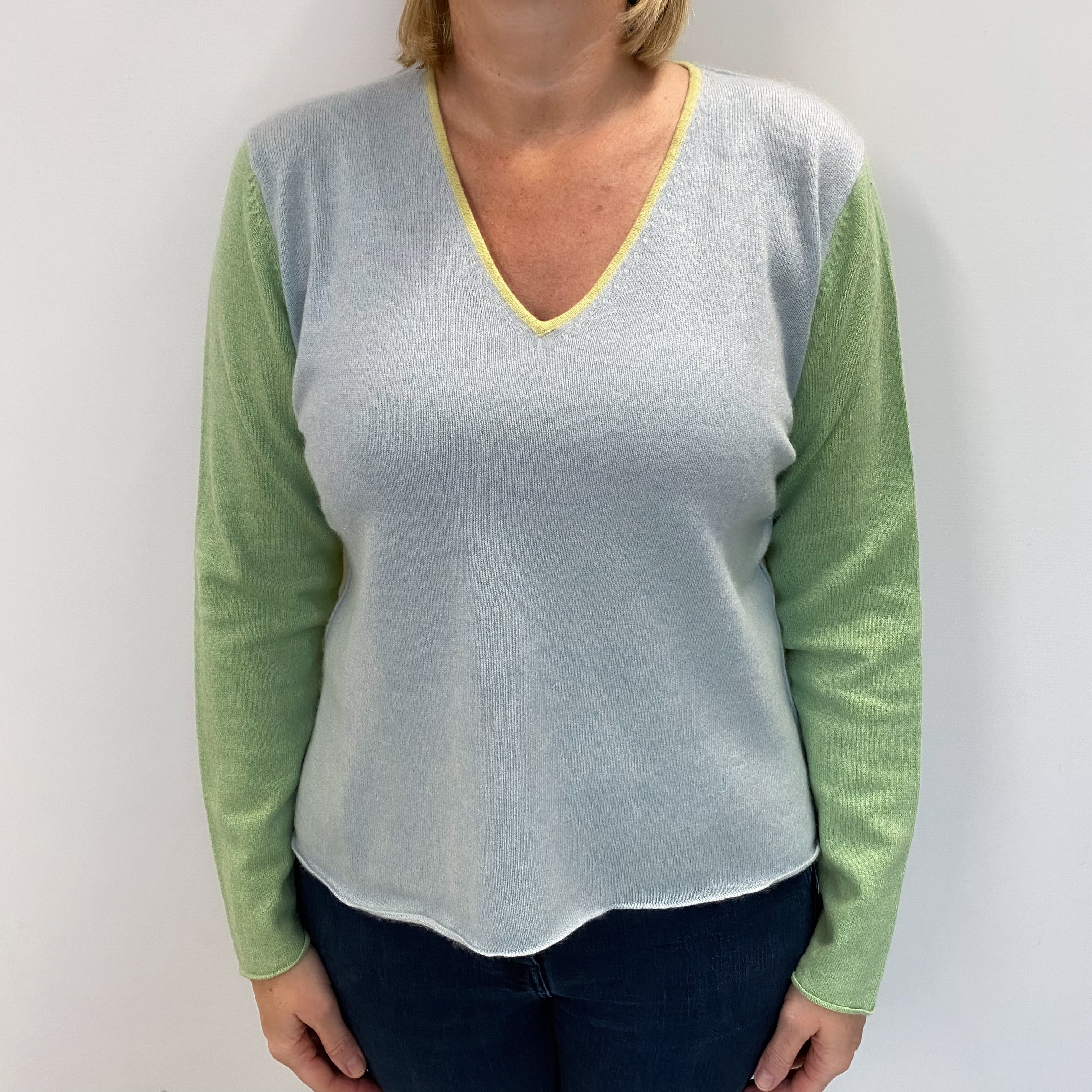 Opal Blue Colourblock Cashmere V Neck Jumper Large