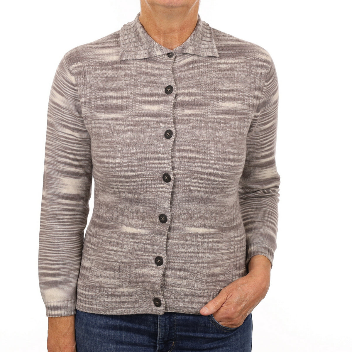 Mink Brown and Cream Marl Cashmere Collared Neck Cardigan Medium