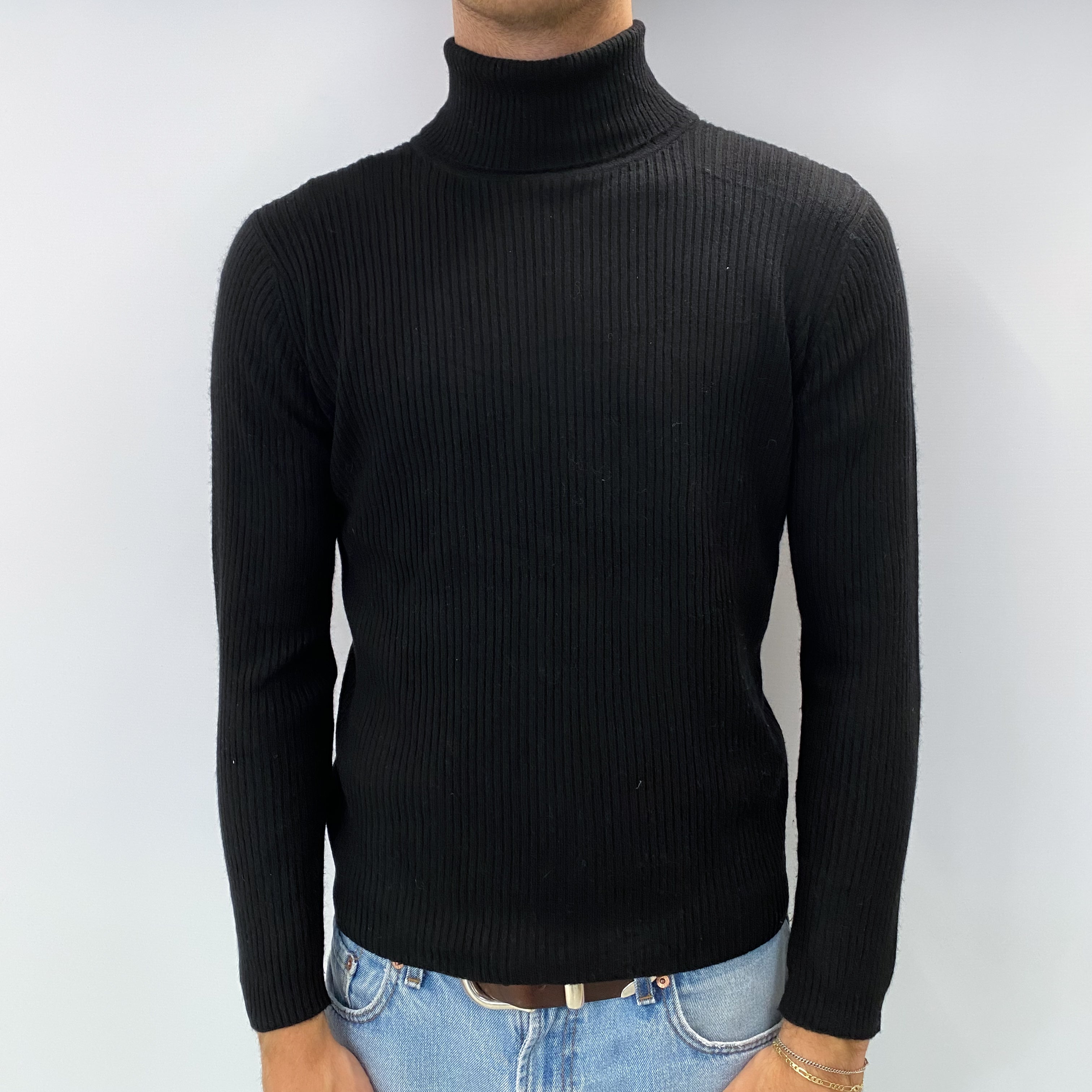 Men's Black Cashmere Polo Neck Ribbed Knit Jumper Medium