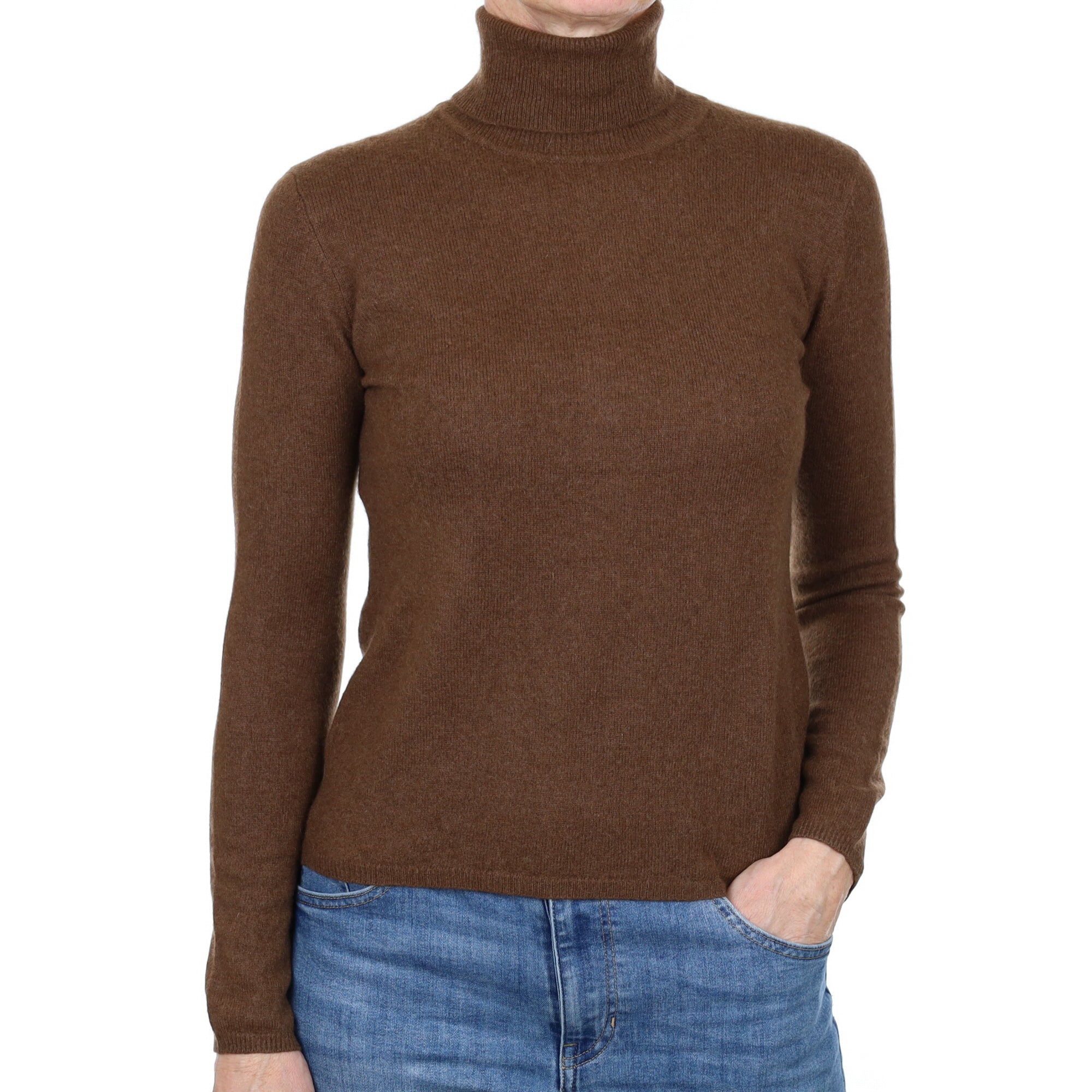 Chocolate Brown Cashmere Polo Neck Jumper Small