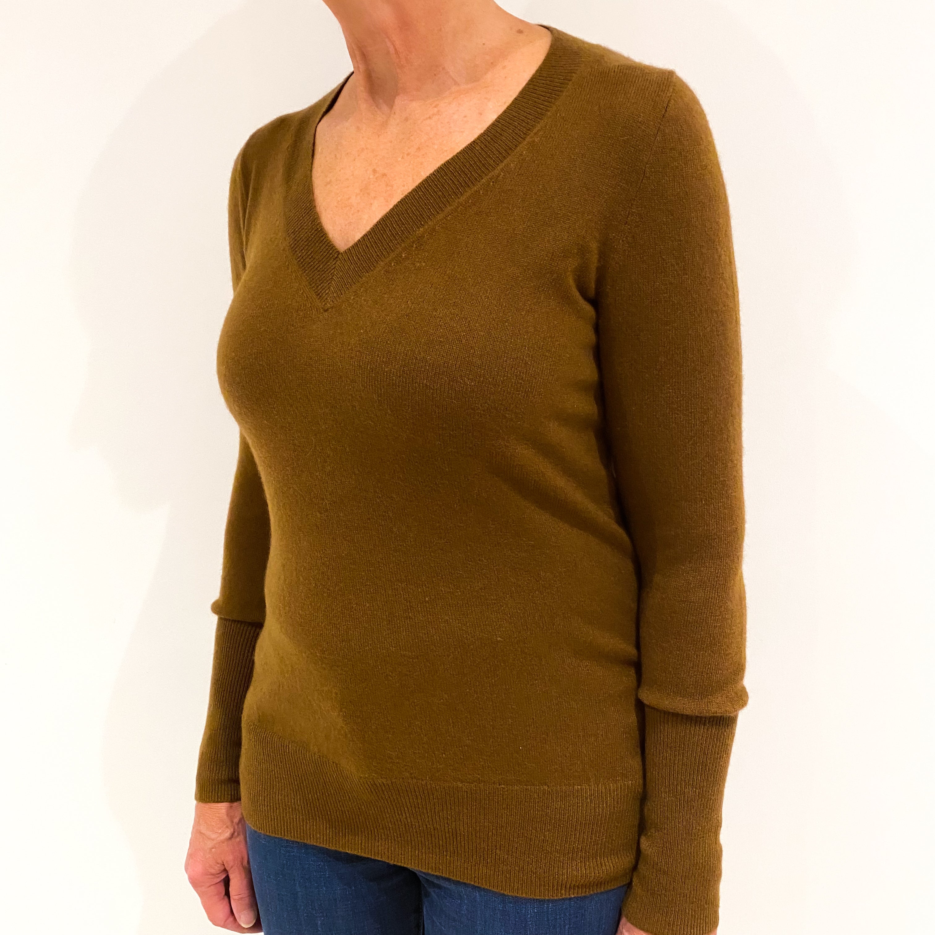 Toffee Brown Cashmere V-Neck Jumper Medium