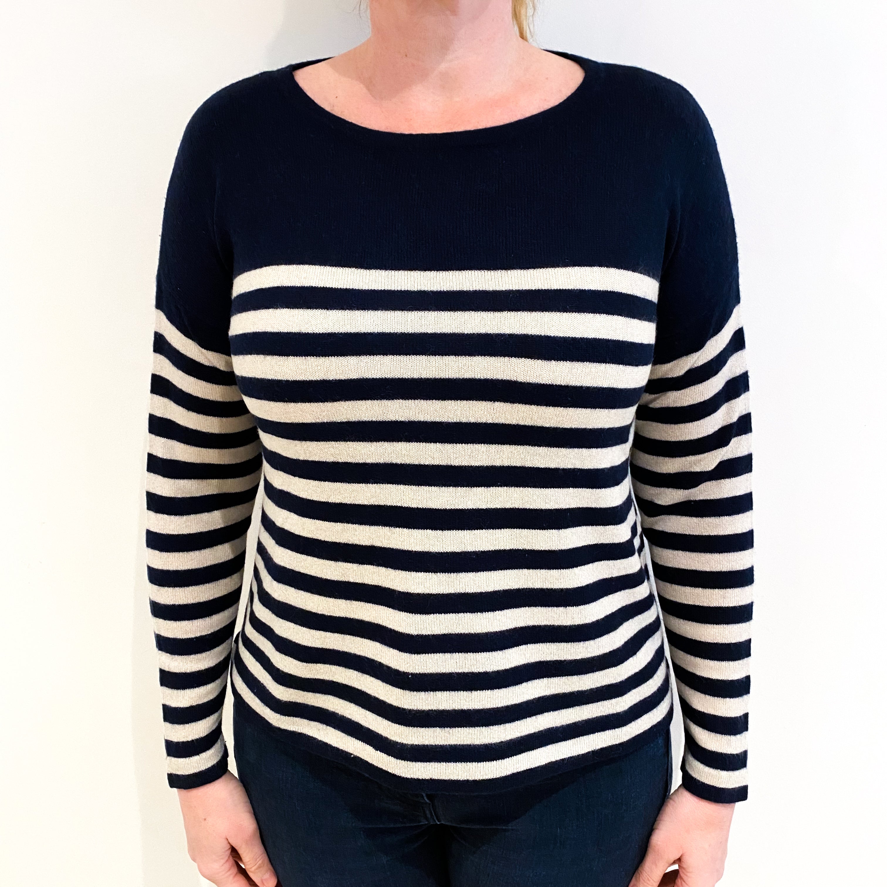 Navy And Cream Stripe Cashmere Crew Neck Jumper Large