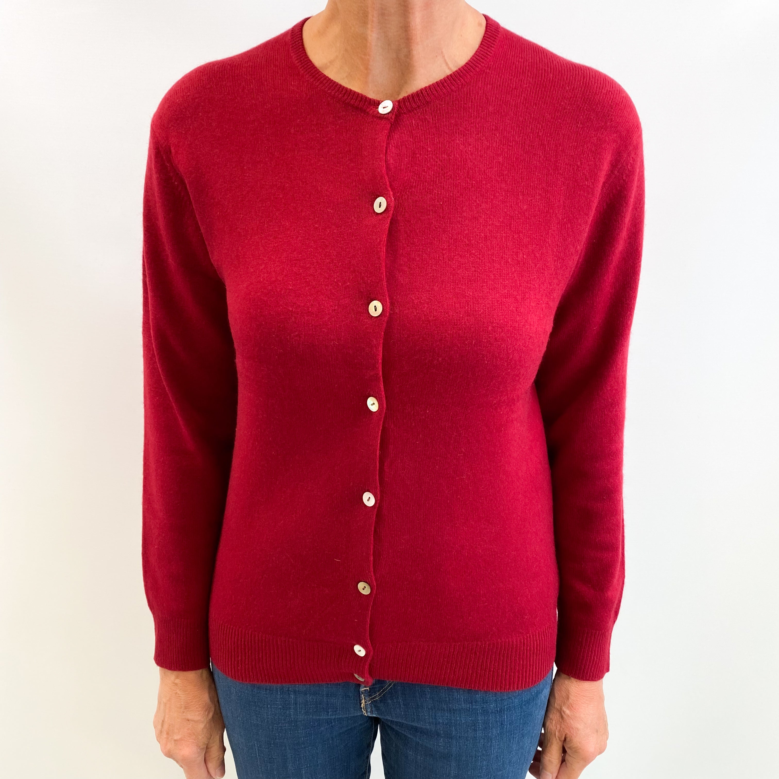 Crimson Red Cashmere Crew Neck Cardigan Medium
