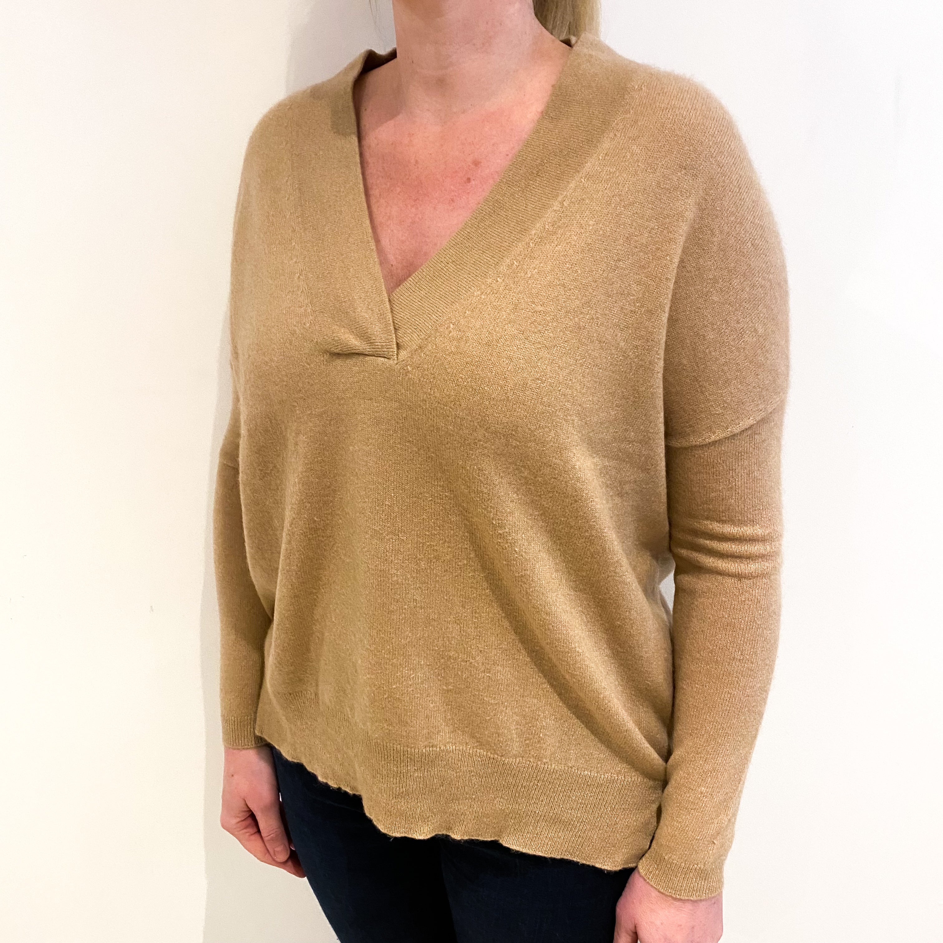 Camel Brown Cashmere V Neck Jumper Large