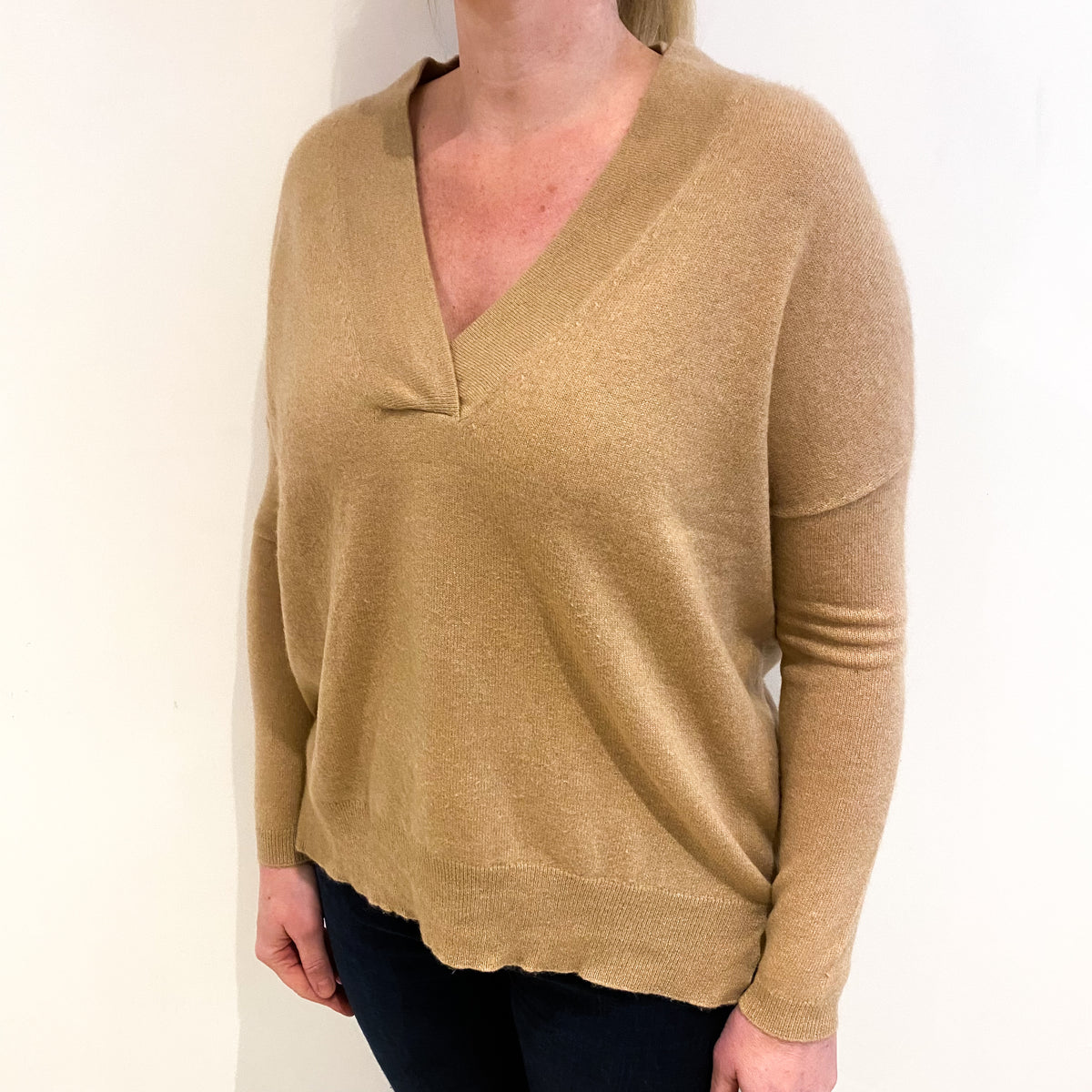 Camel Brown Cashmere V Neck Jumper Large