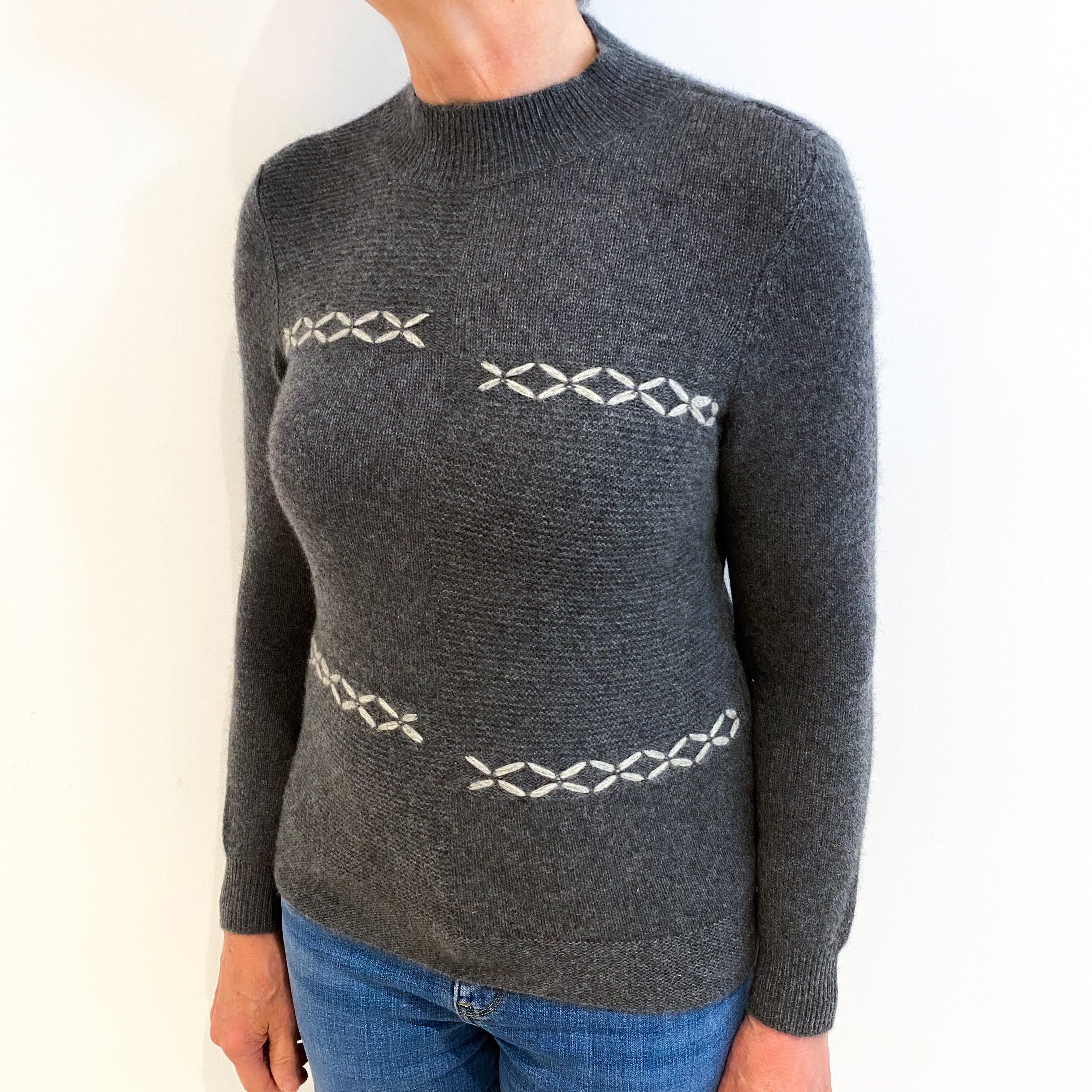 Slate Grey Detailed Cashmere Turtle Neck Jumper Medium