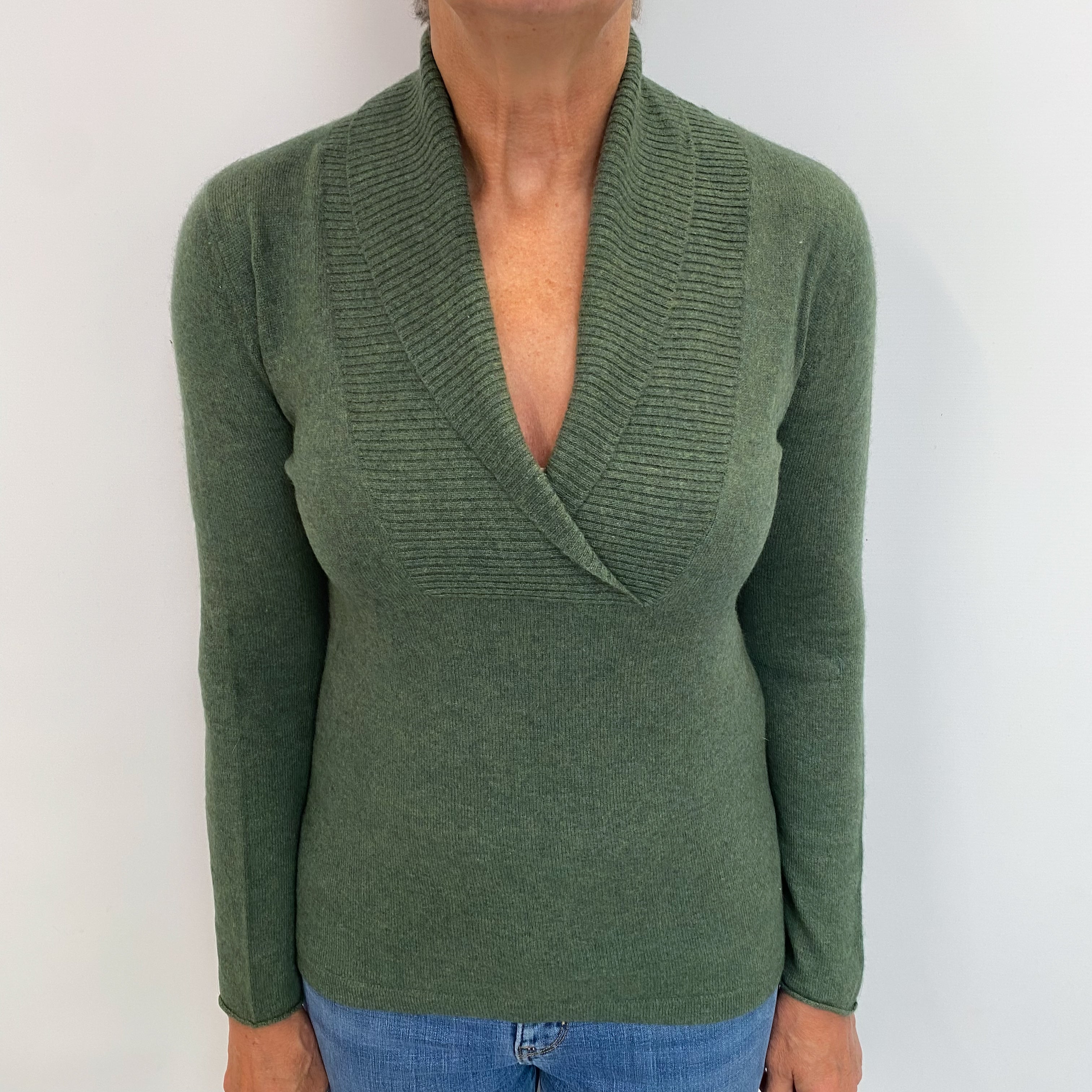 Moss Green Cashmere Shawl Collar V Neck Jumper Medium