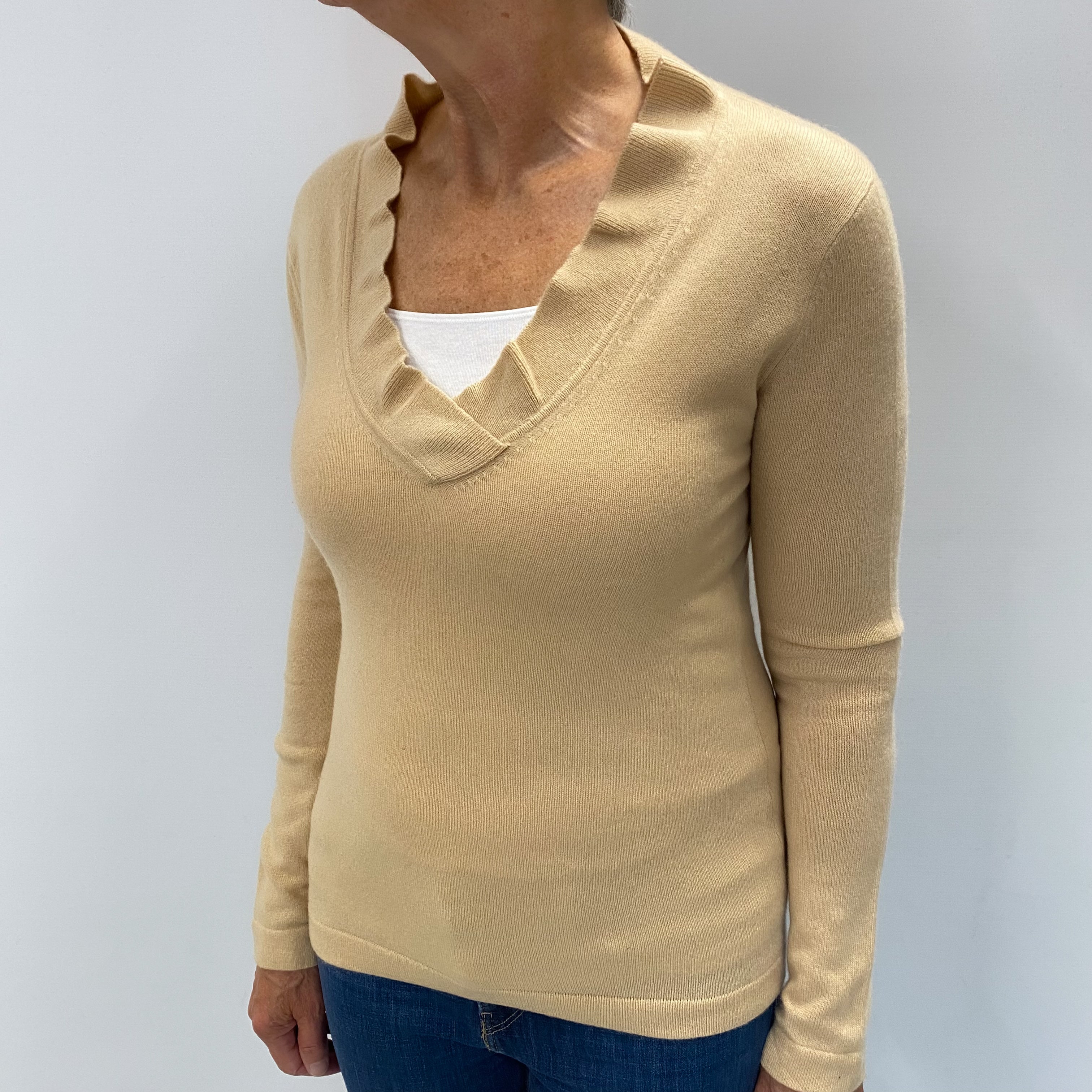 Sand Beige Cashmere Ruffle Edge V Neck Jumper Medium