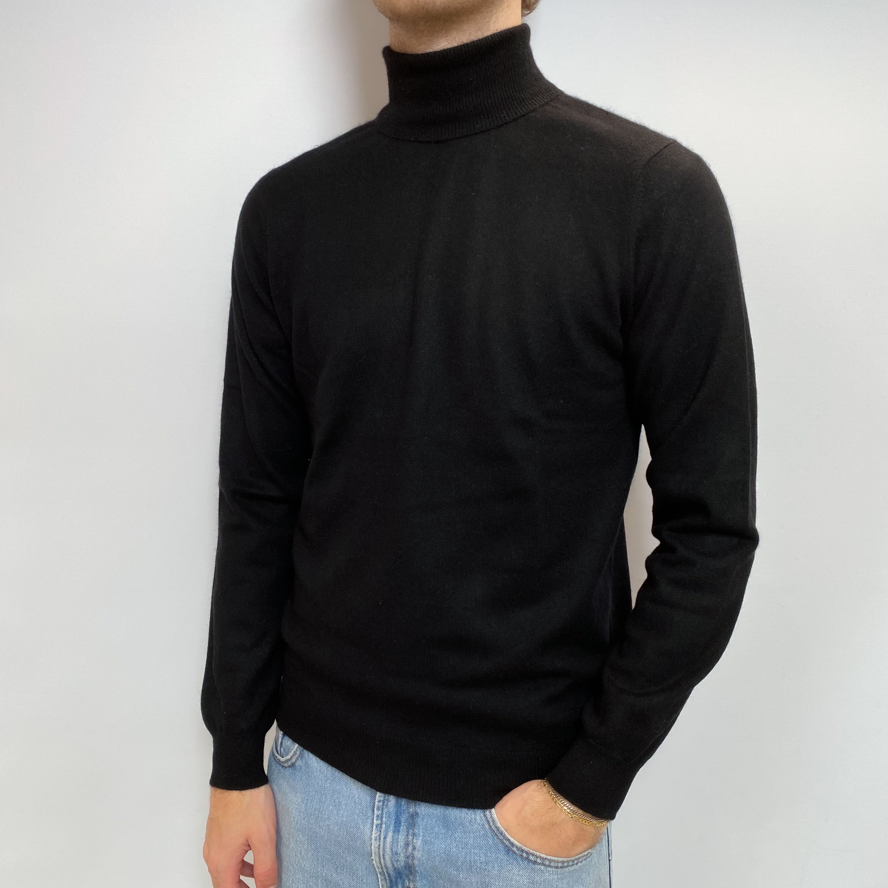 Men's Black Cashmere Polo Neck Jumper Large