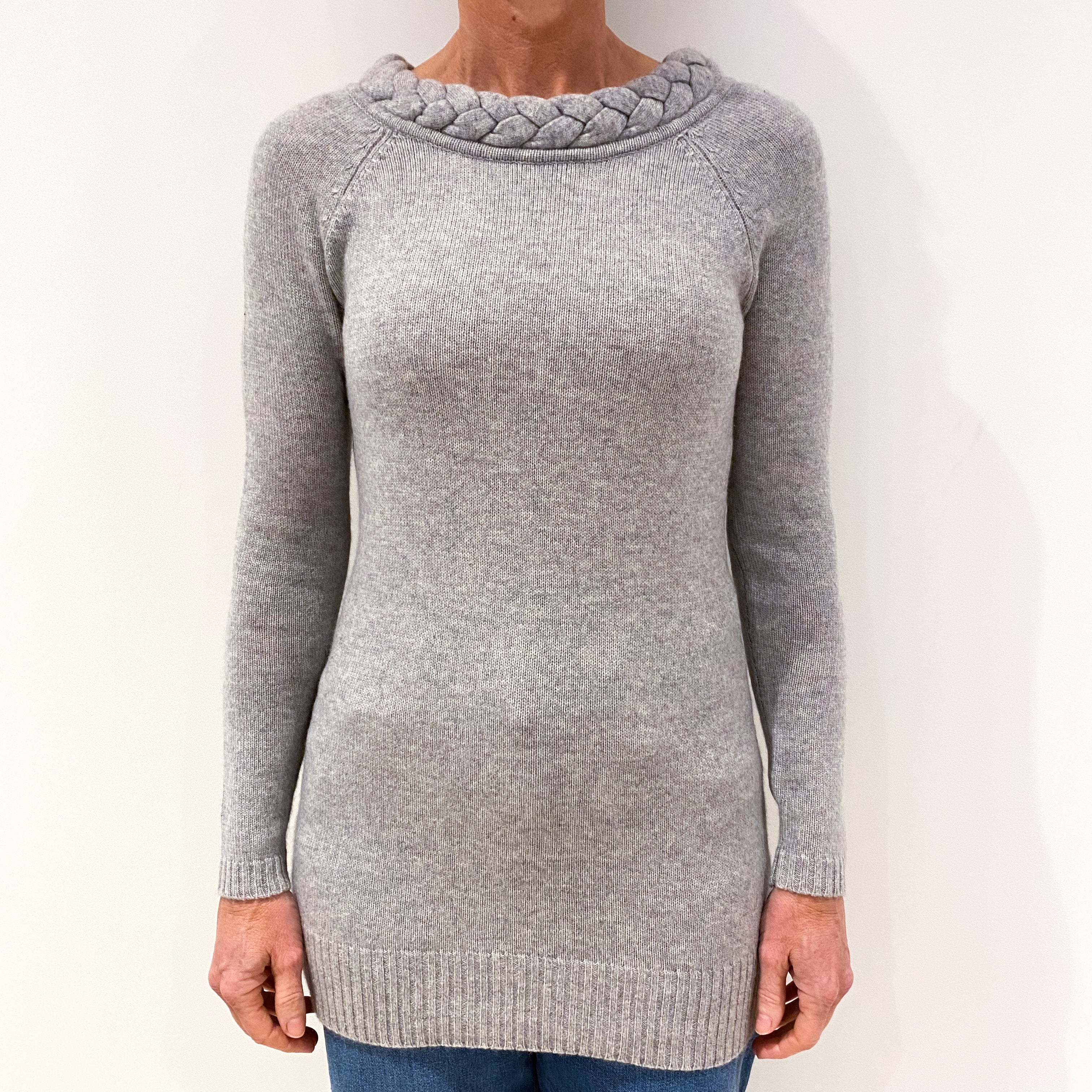 Smoke Grey Cashmere Plaited Crew Neck Tunic Jumper Small