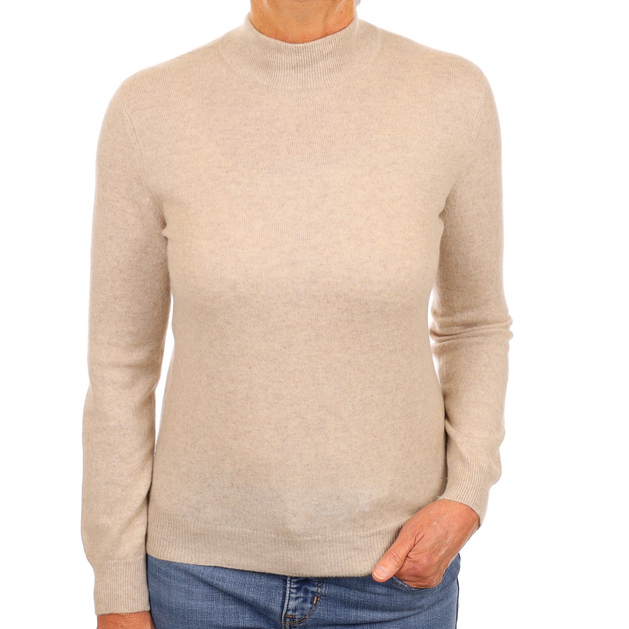 Oatmeal Beige Cashmere Turtle Neck Jumper Medium