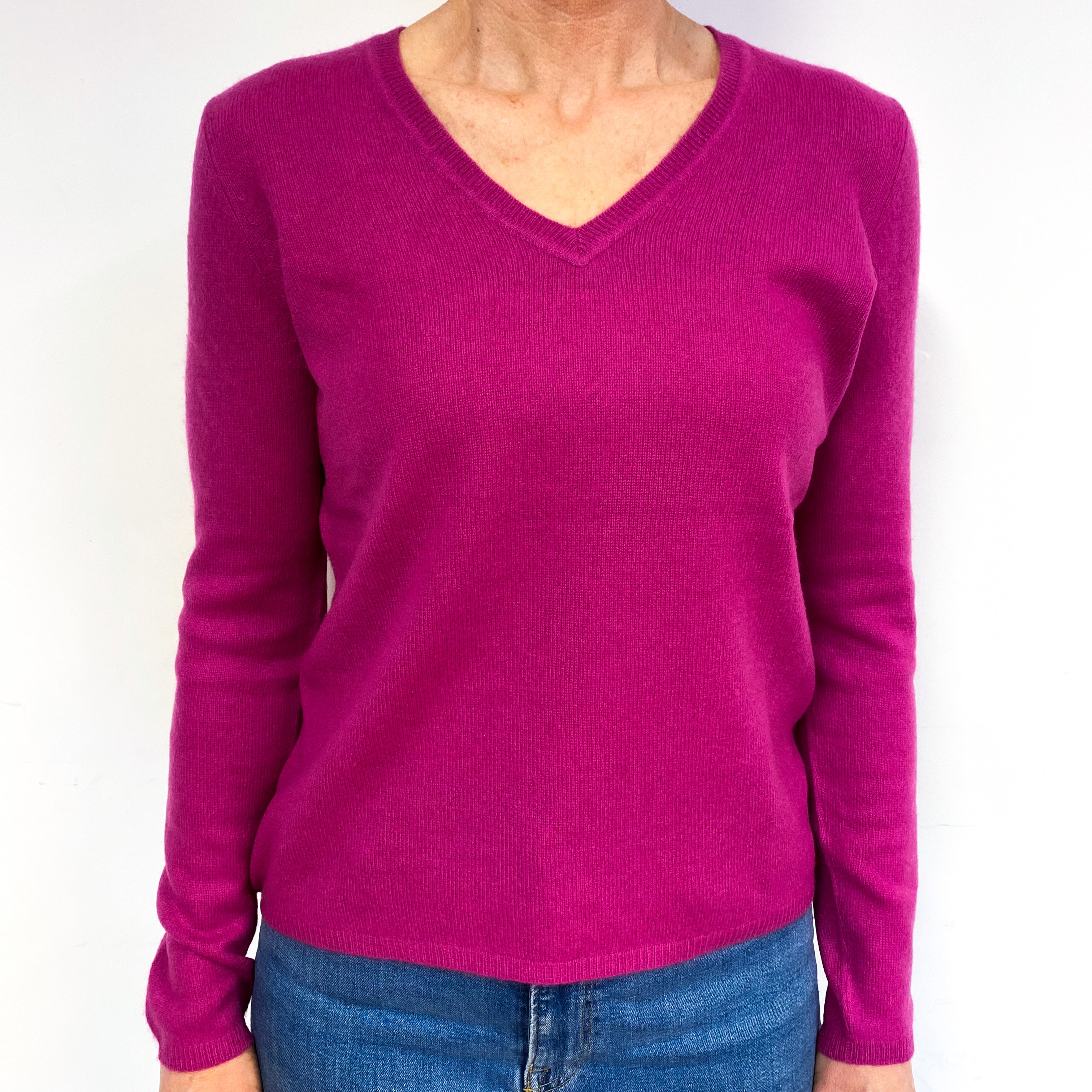Fuchsia Pink Cashmere V-Neck Jumper Medium