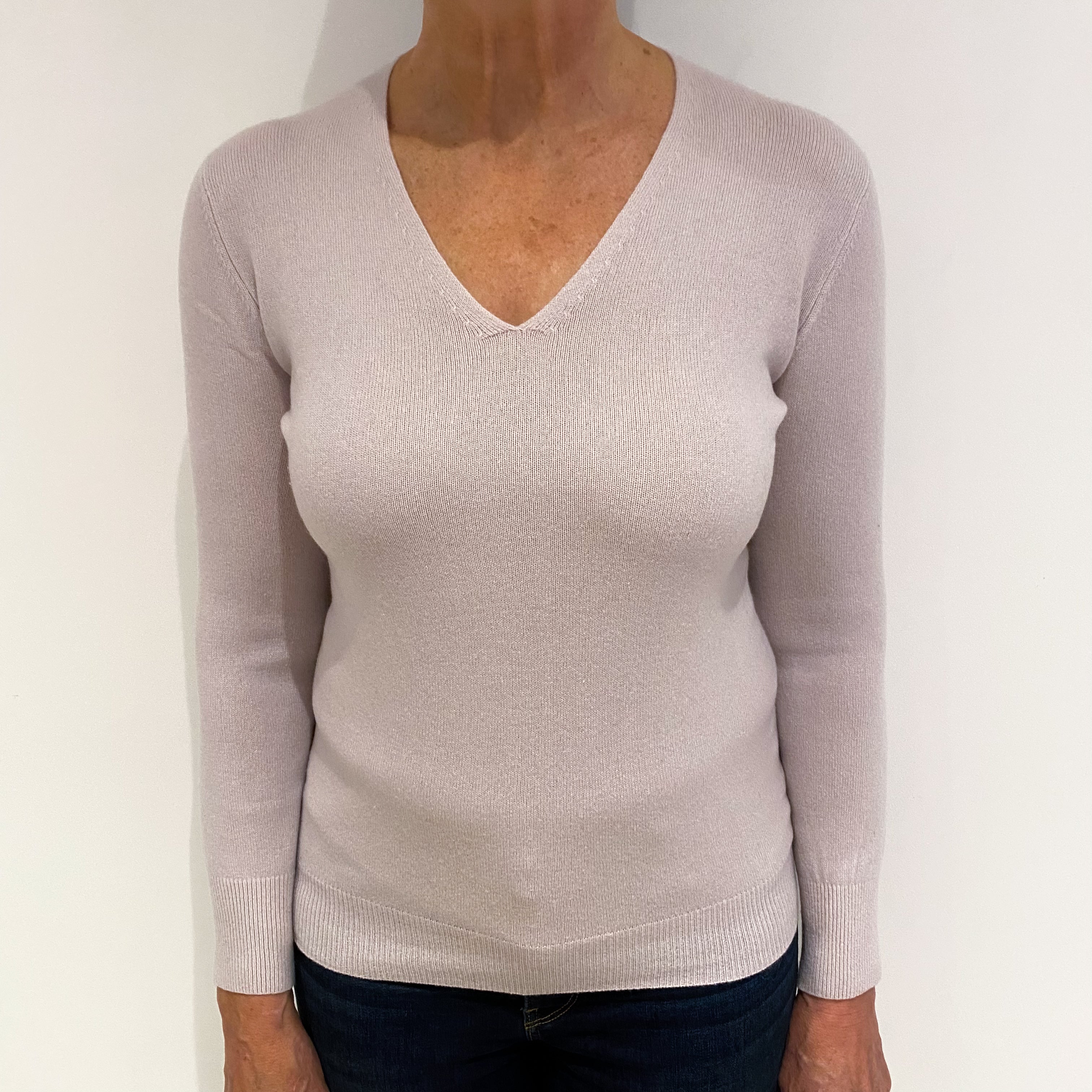 Pale Dusky Pink Cashmere V Neck Jumper Medium