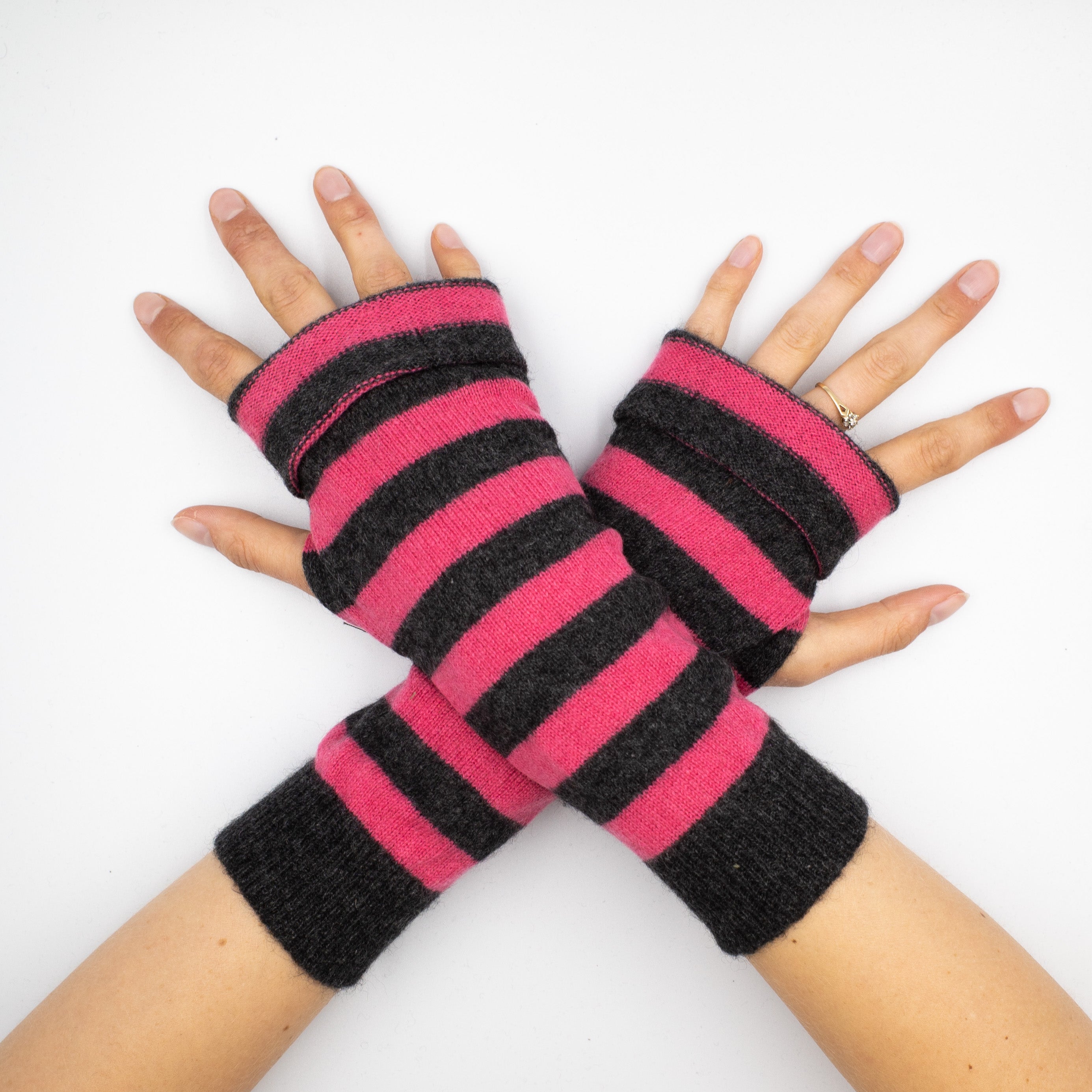 Charcoal and Raspberry Fingerless Gloves Striped