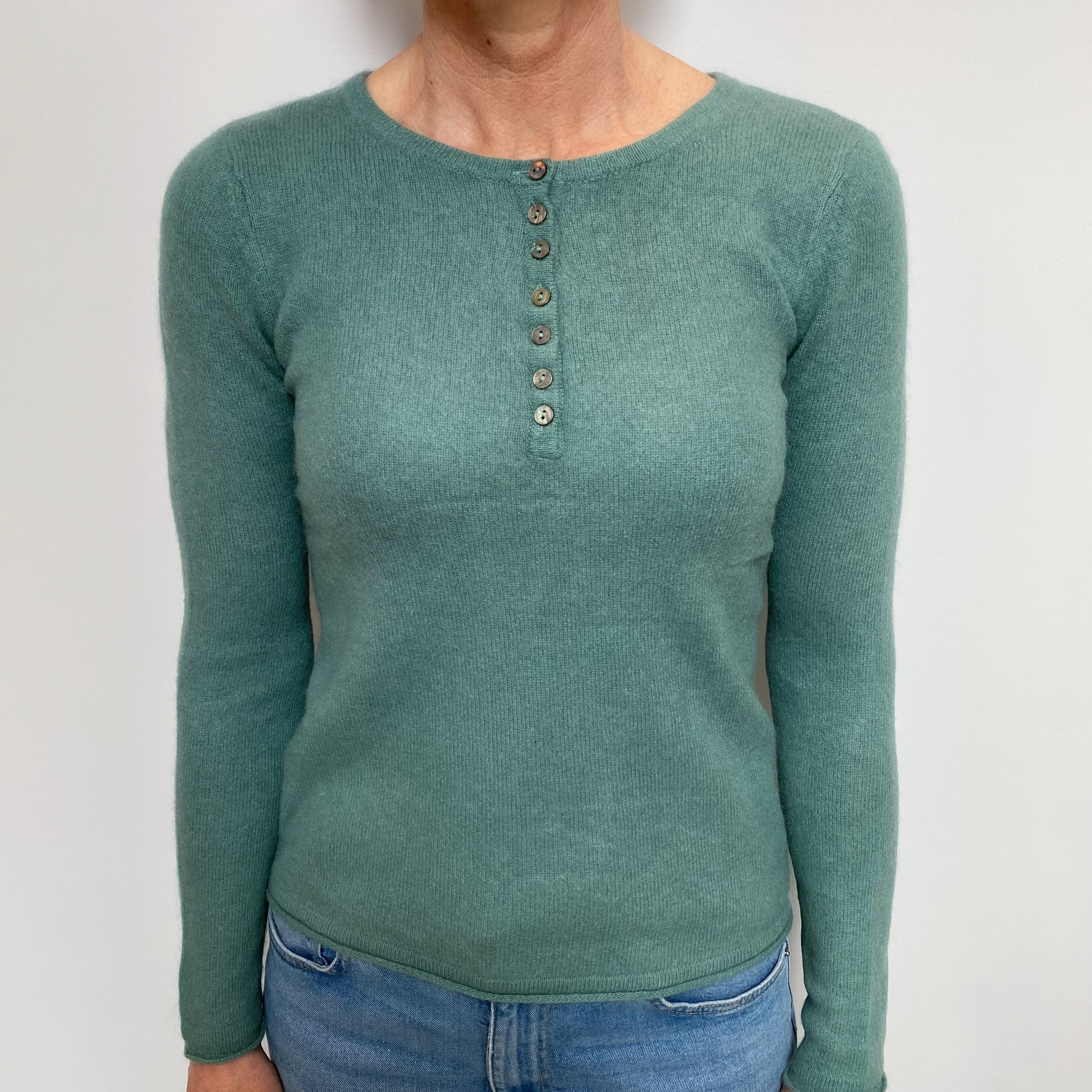 Sea foam Green Cashmere 3/4 Buttoned Crew Neck Jumper Small