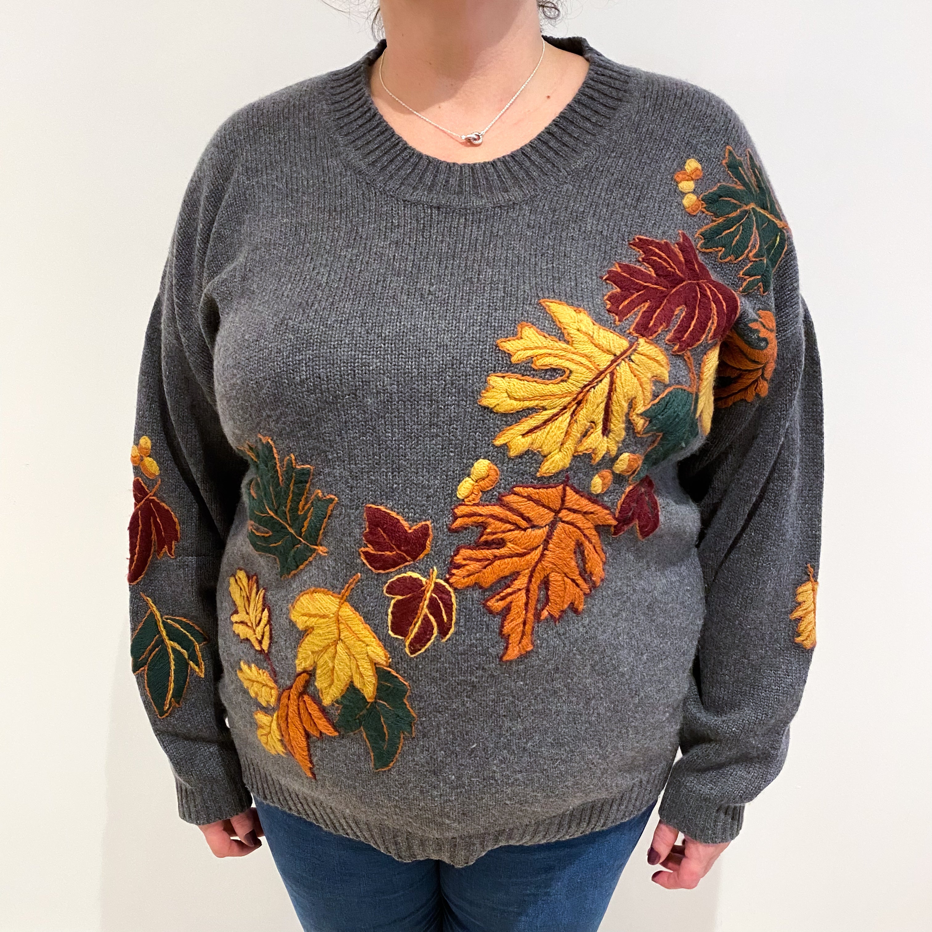 Slate Grey Leaf Design Cashmere Crew Neck Jumper Extra Large
