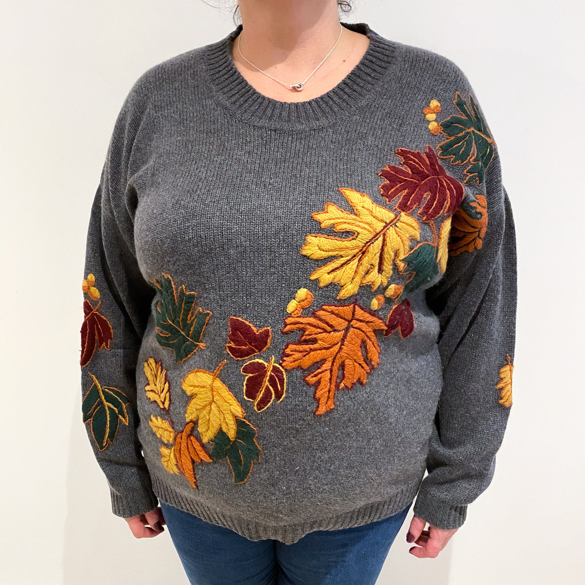 Slate Grey Leaf Design Cashmere Crew Neck Jumper Extra Large