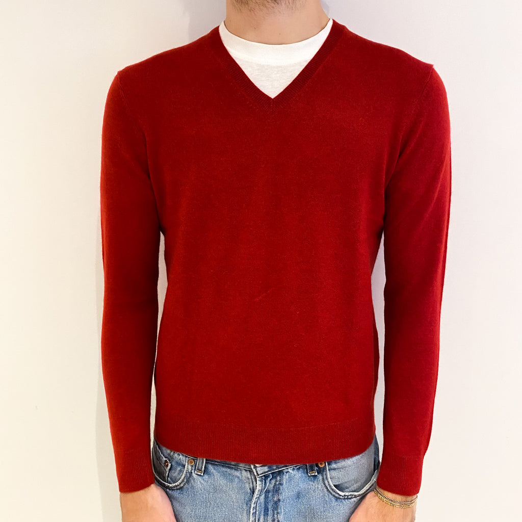 Men's Crimson Red Cashmere V Neck Jumper Medium