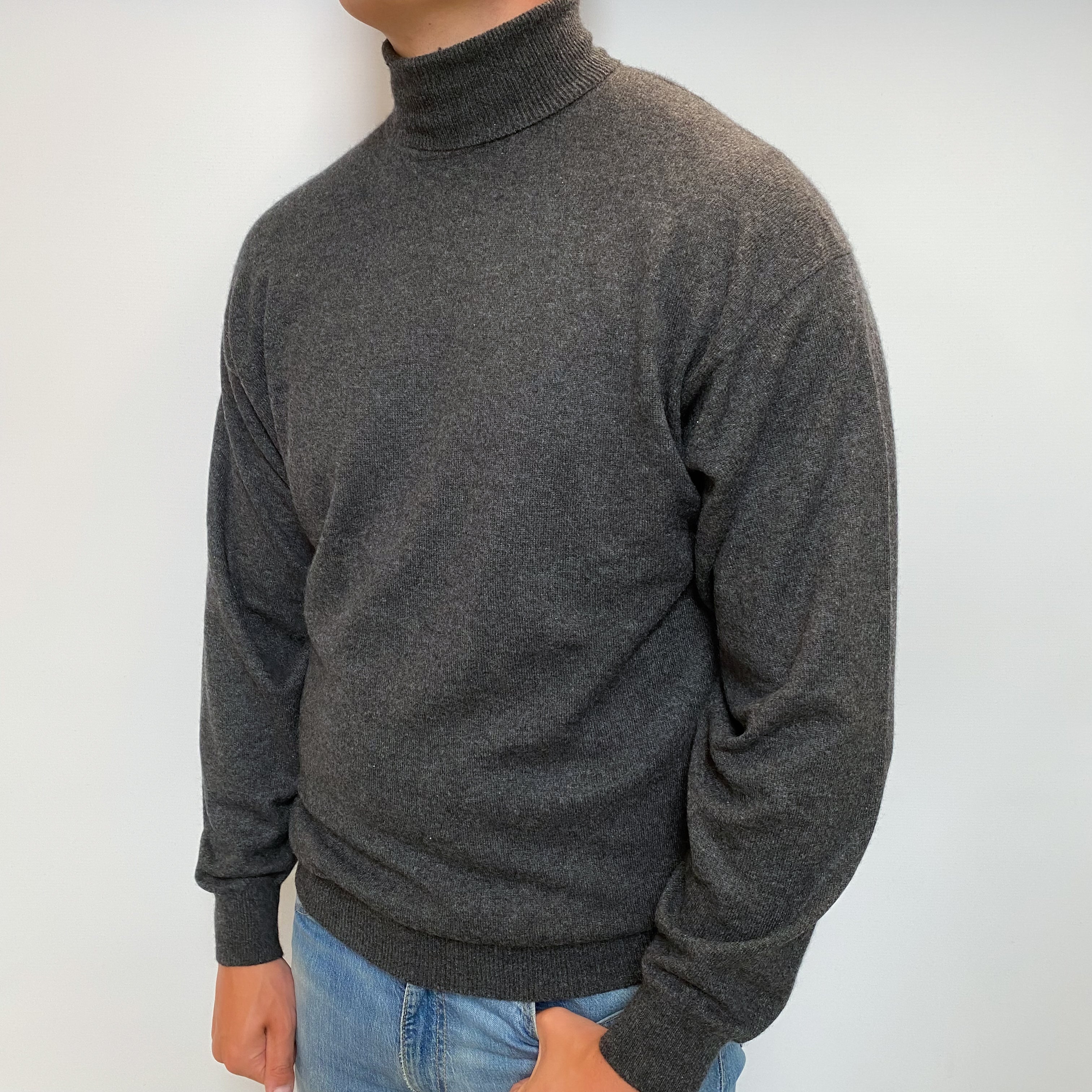 Men's Charcoal Grey Cashmere Polo Neck Jumper XL