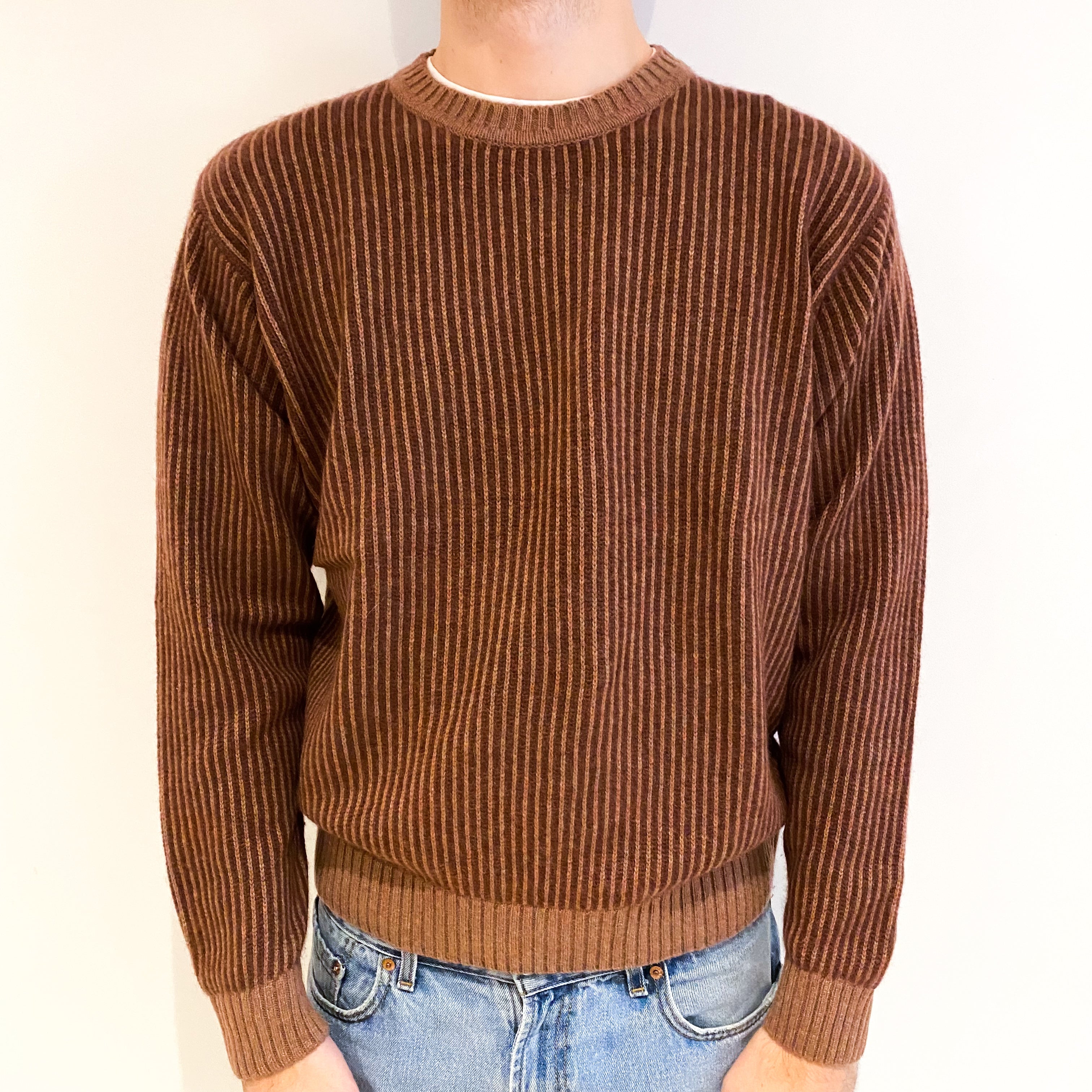 Men's Rust Red Striped Cashmere Crew Neck Jumper Large