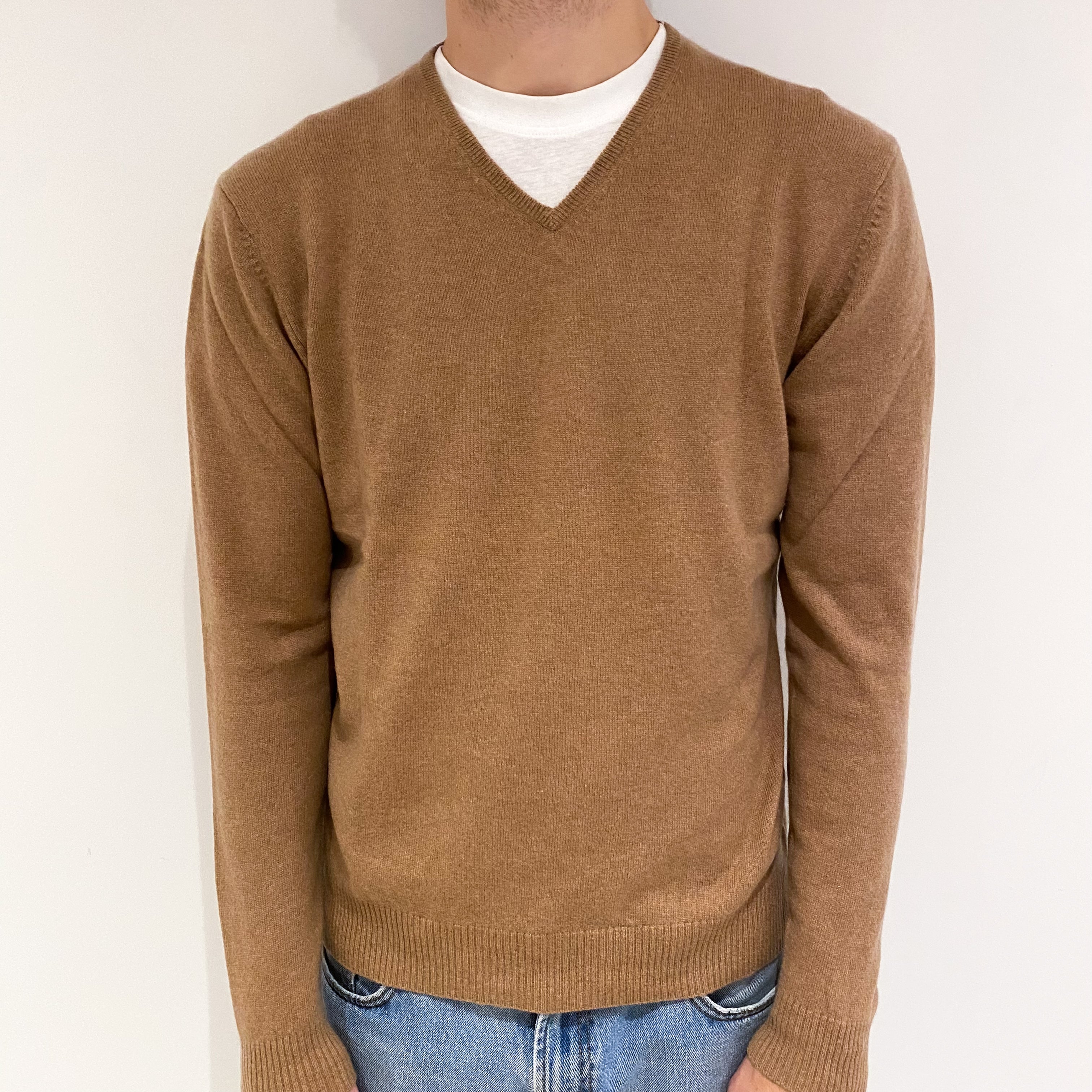 Men's Camel Brown Cashmere V Neck Jumper Large
