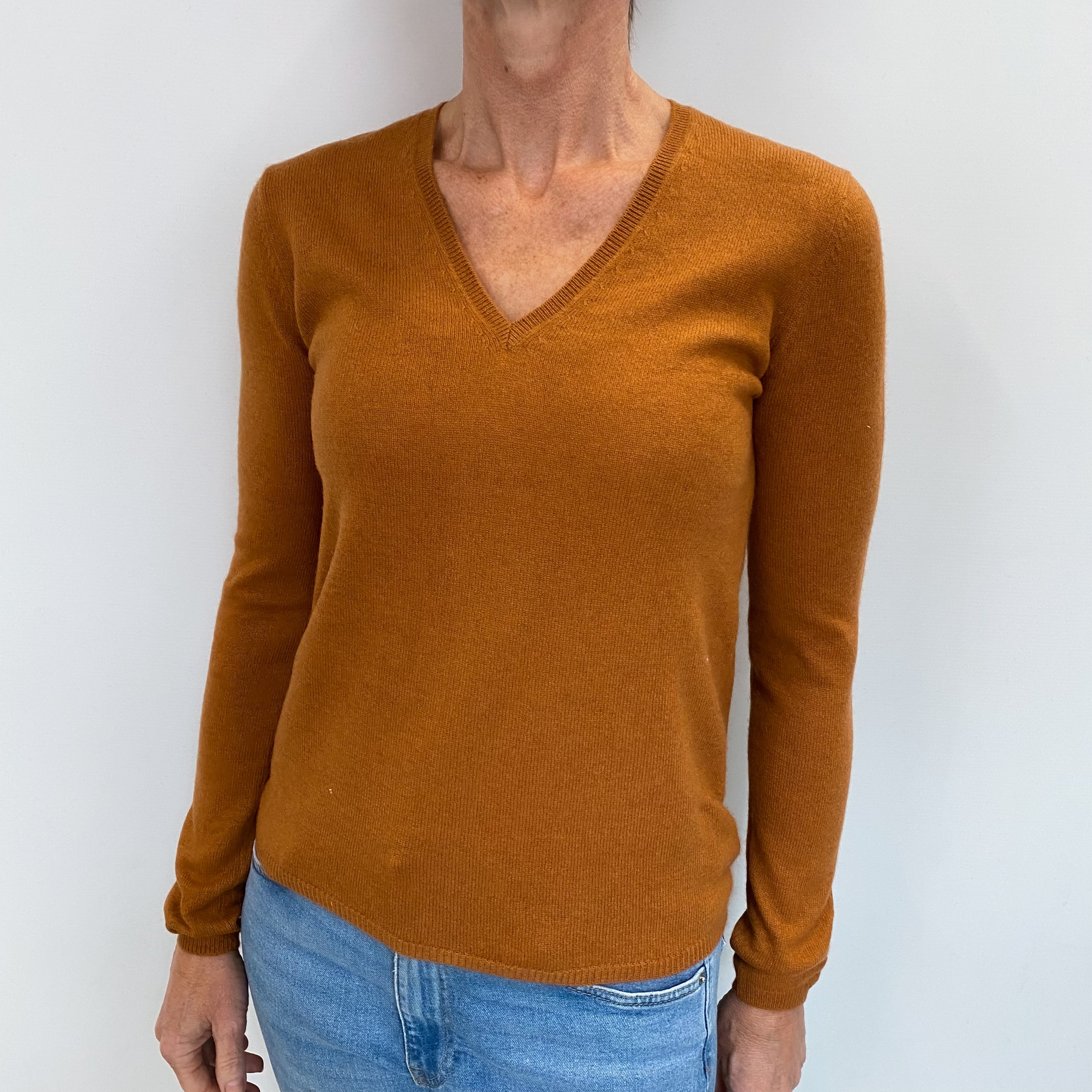 Tan Brown Cashmere V Neck Jumper Small